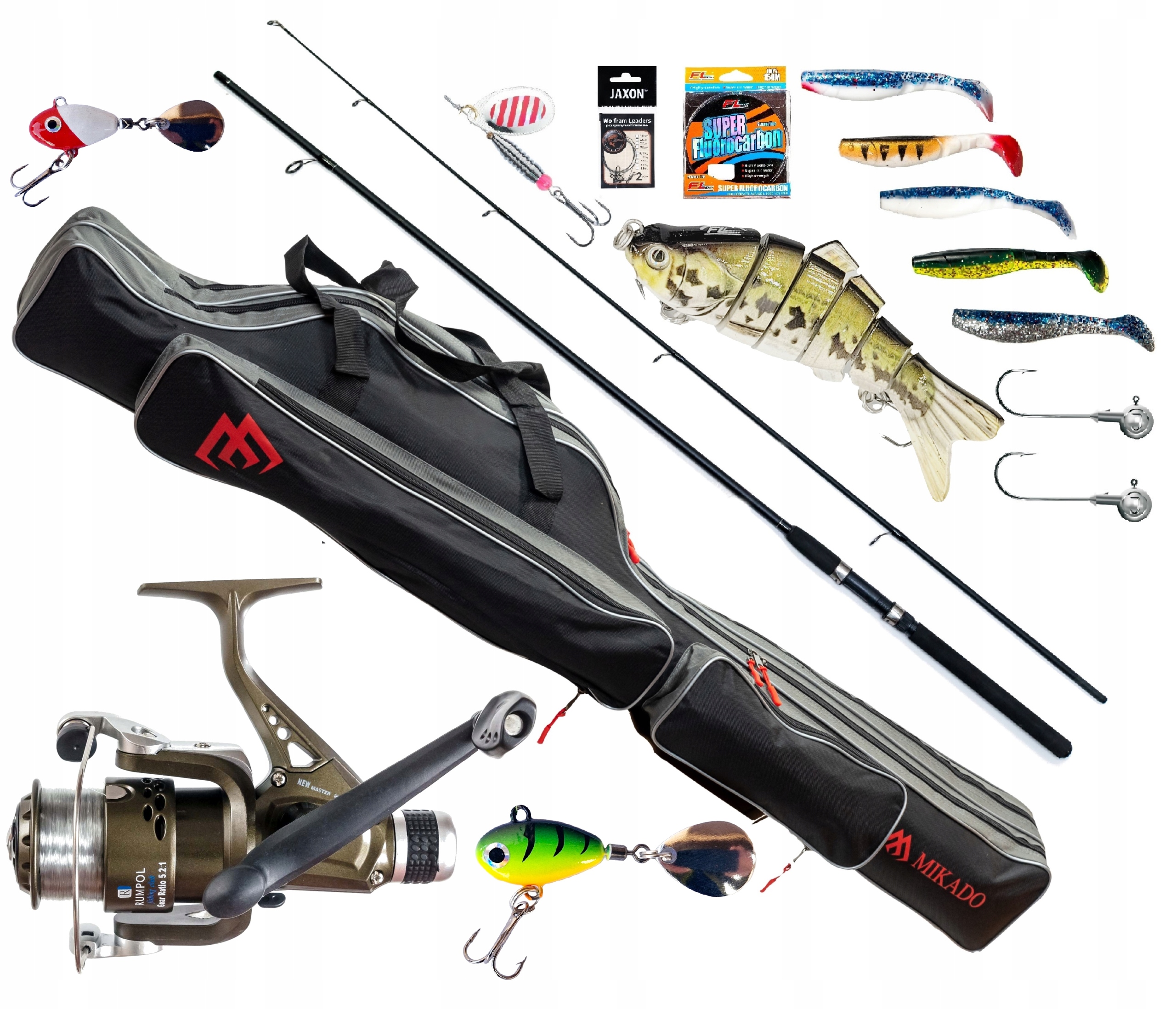 Zestaw Spinningowy Wędka Kołowrotek Torba Mikado Wobler Żyłka Kopyto