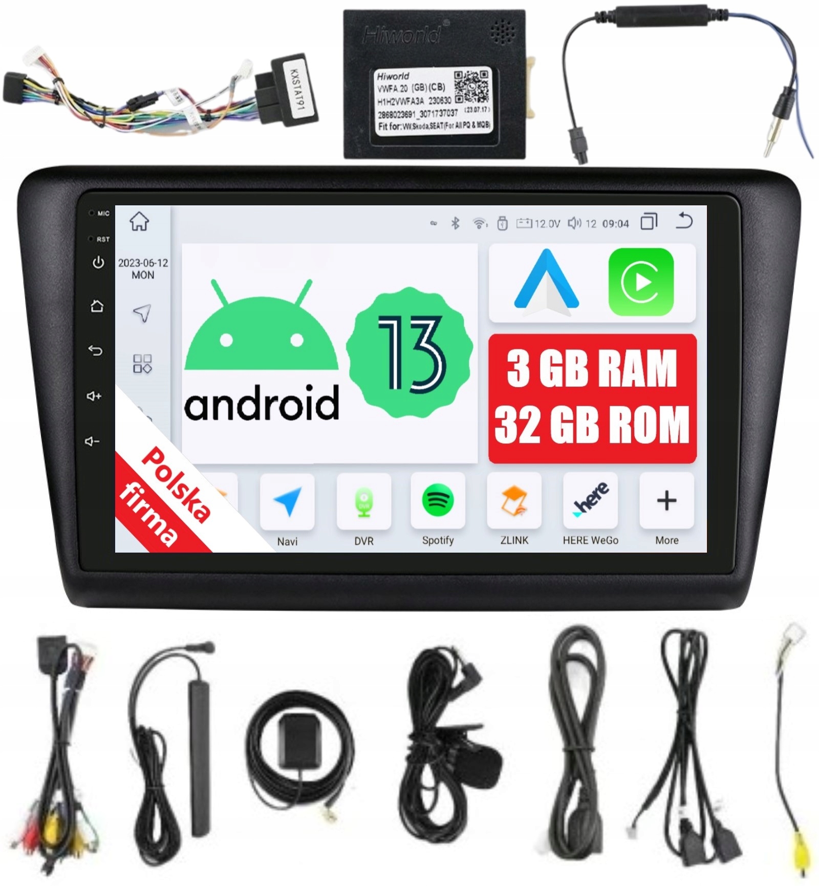 Radio Android 9" 2DIN Skoda Rapid II Seat Toledo IV 3/32GB Carplay Lte Dsp