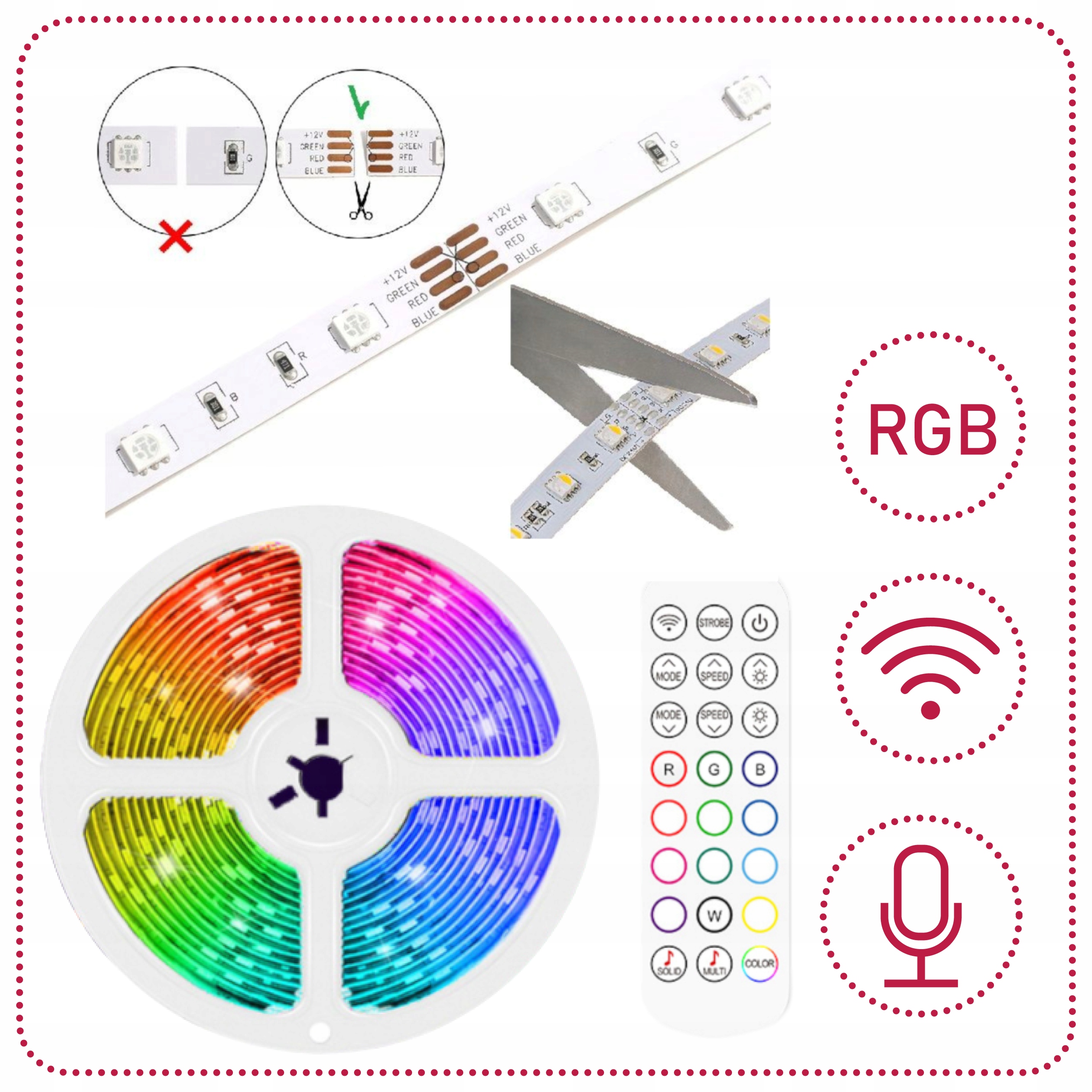 SAMOPRZYLEPNA TAŚMA LED PASEK 10m RGB STEROWANIE APLIKACJĄ TUYA SMART LIFE Zasilanie sieciowe