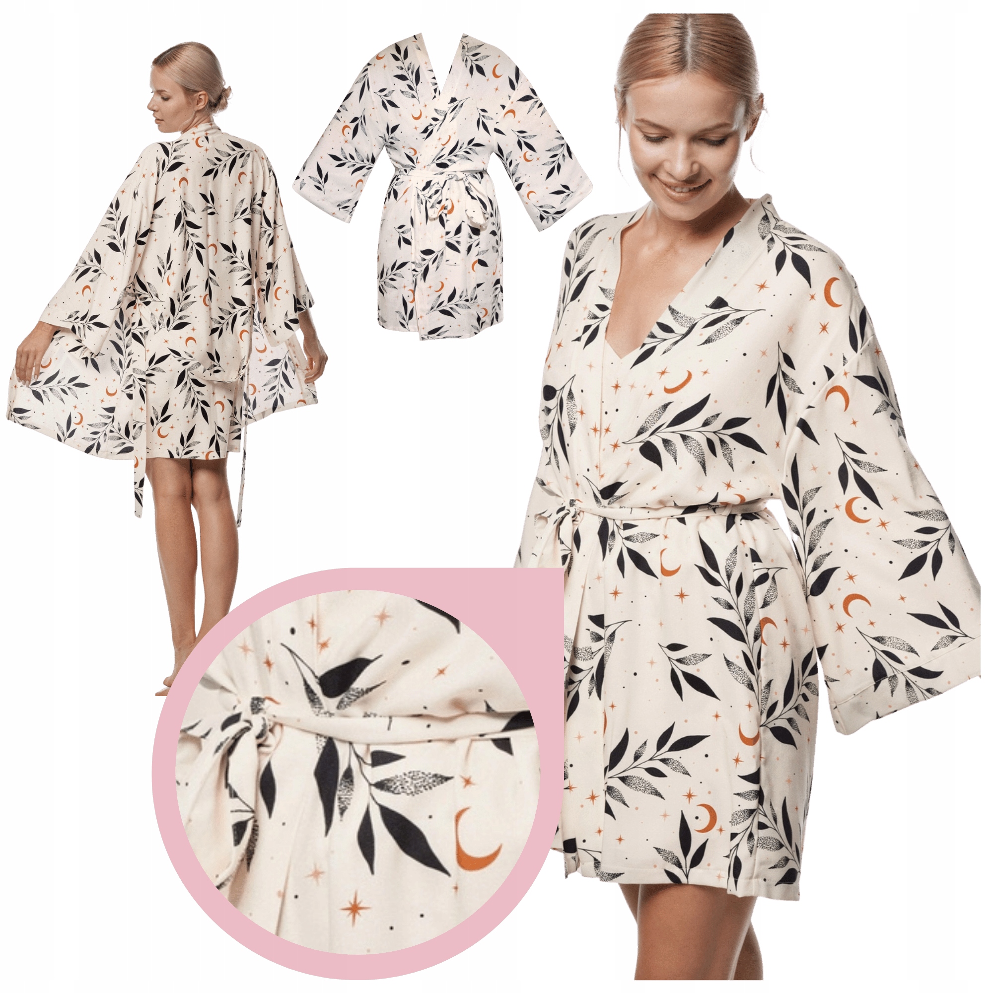 Mefemi by Nipplex Ksenia Župan ecru/černé listy pohodlné kimono M