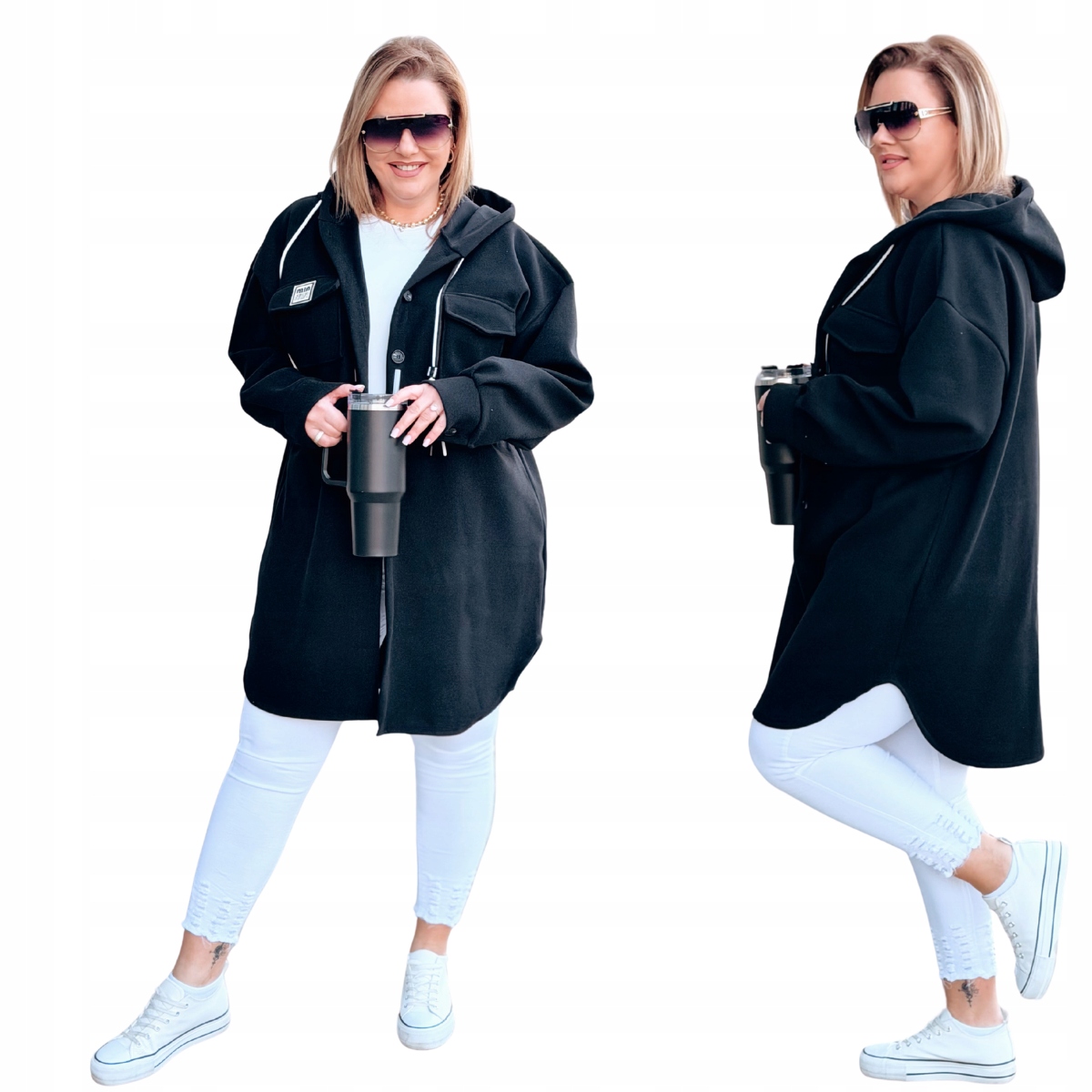 Mikina Flaušová Plus Size Velká velikost Dámská Cavaricci s kapucí Černá