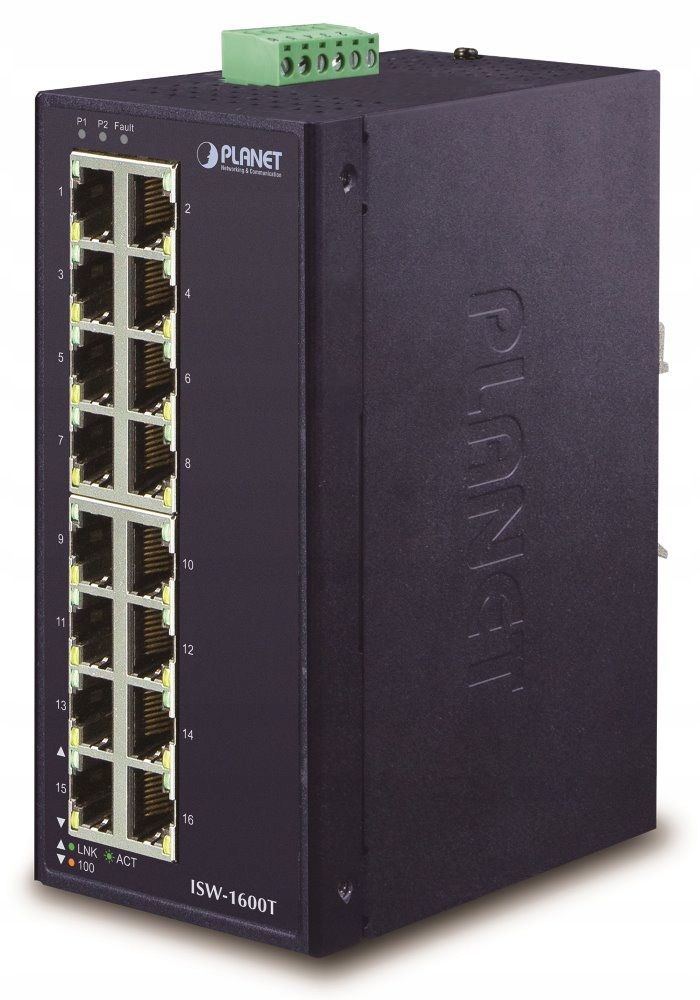Planet ISW-1600T, 16x 10/100, Din, IP30, -40 75 ° C, 12-48VDC, Ieee 802.3