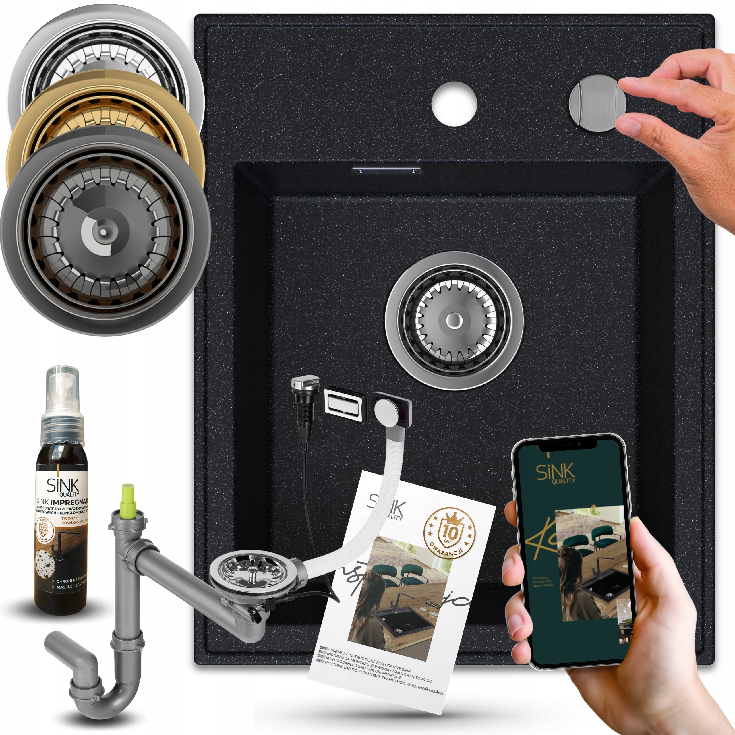 Granitový Dřez Jednokoromový Černý Metalik Sifon Automat+impregnat