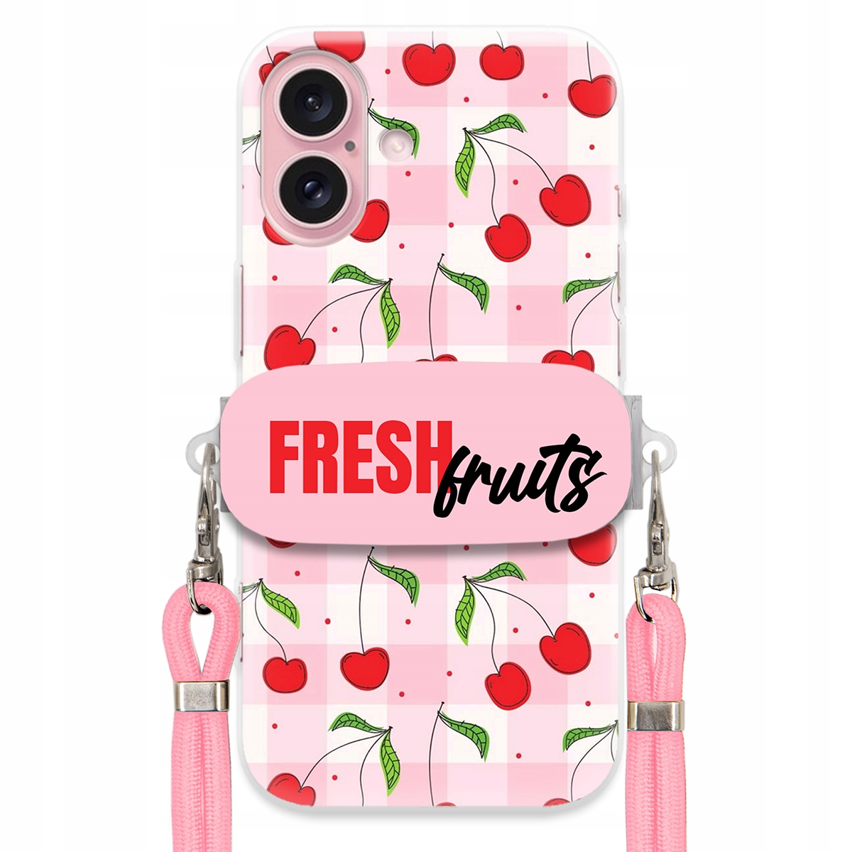Pouzdro pro iPhone 16 Case Držák Šňůrka Růžová Fresh Fruits Mřížka Ovoce
