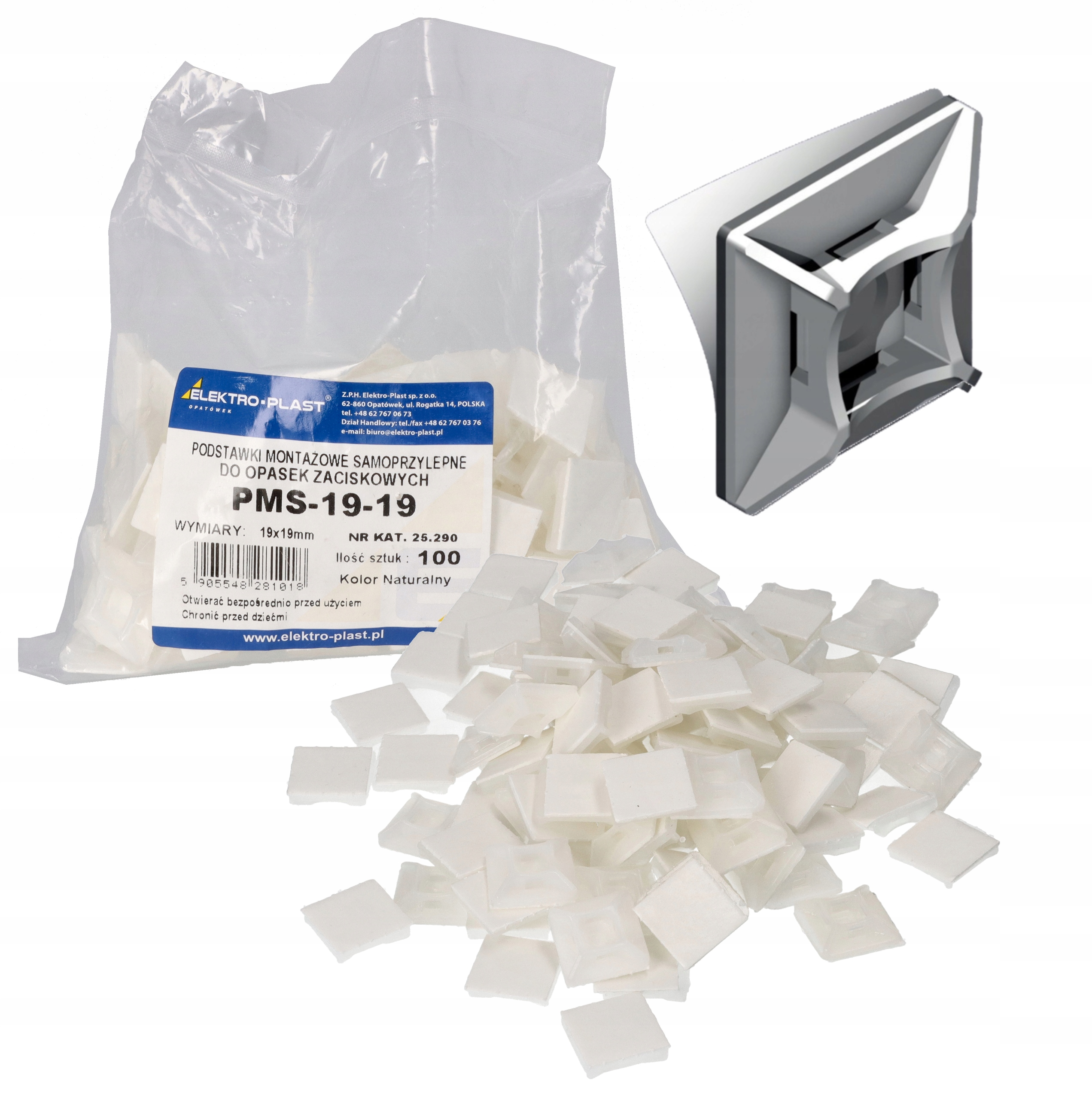 Podstawka Montażowa Do Opasek Zacisk. 19x19 Biała