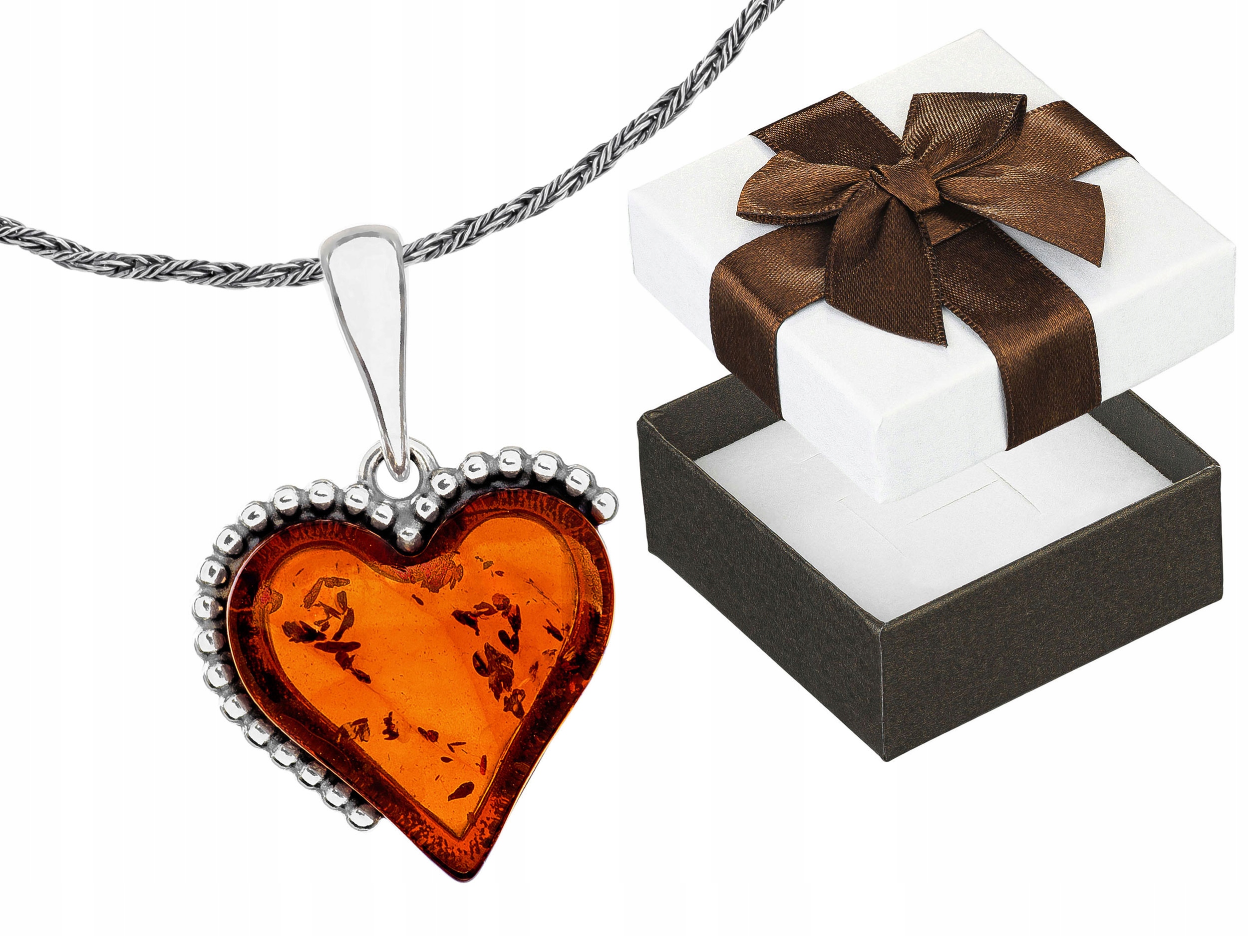 Krátký Stříbrný Oxidovaný Dámský Náhrdelník Srdce Jantar Stříbro Kuličky 45