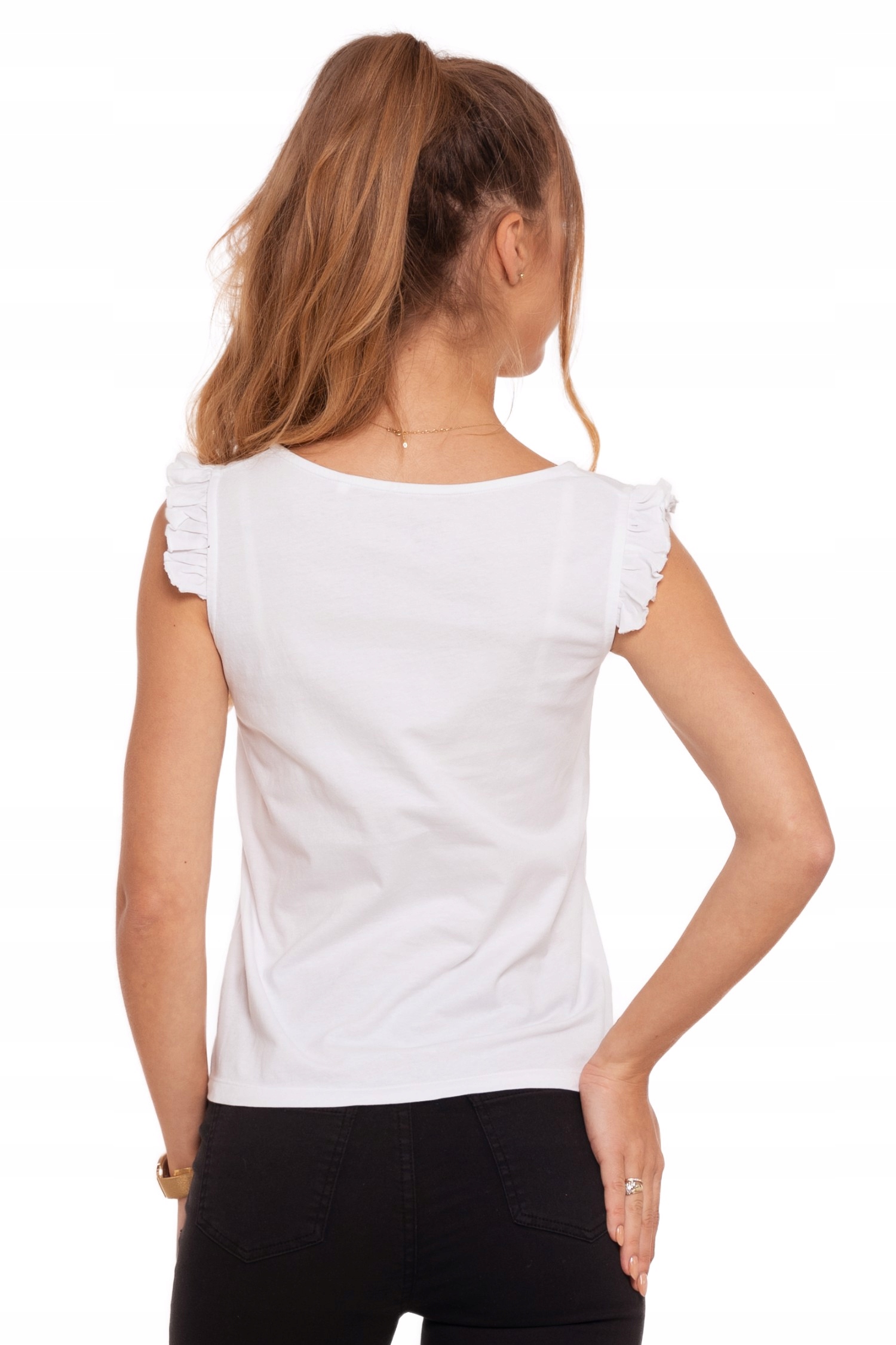 BIAŁA BLUZKA DAMSKA BAWEŁNA BEZ RĘKAWÓW FALBANKI ELEGANCKA GŁADKA MORAJ M Marka Moraj