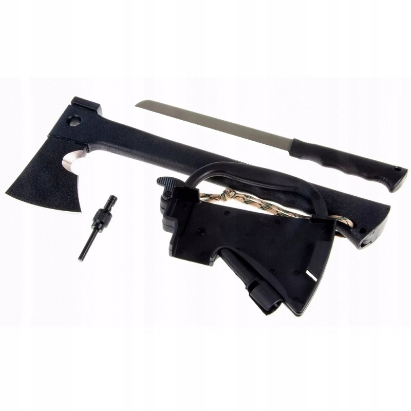 Toporek tomahawk z osłoną ostrza, nóż, krzesiwo, młot - 7 funkcji