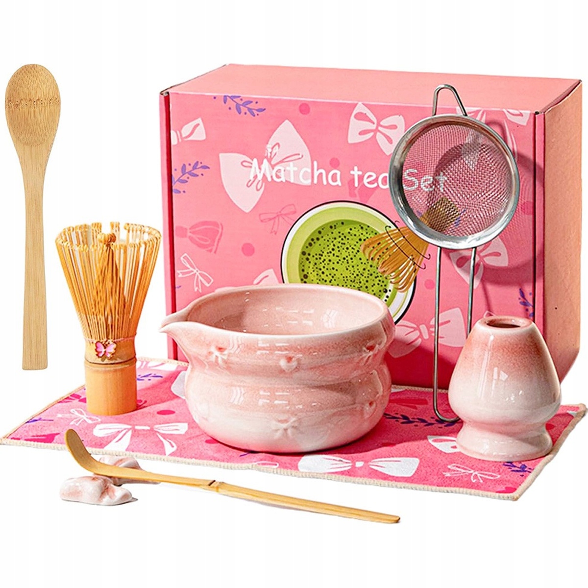 RÓŻOWY ZESTAW DO MATCHA Z TRZEPACZKĄ BAMBUSOWĄ MISKĄ ŁYŻKĄ I SITKIEM