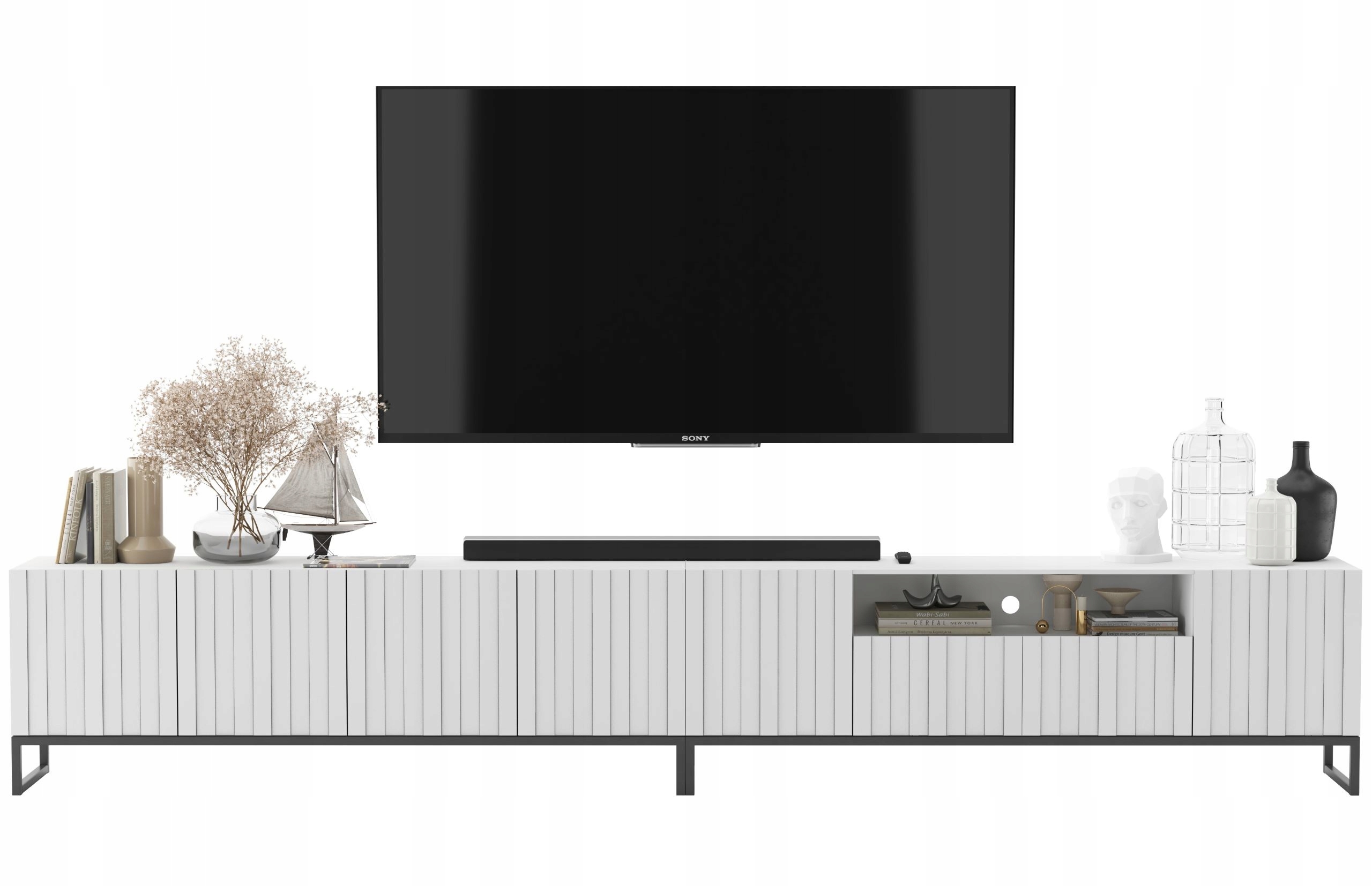 Шкаф RTV гламур современный комод рифленые фасады белый матовый 300 см рамка