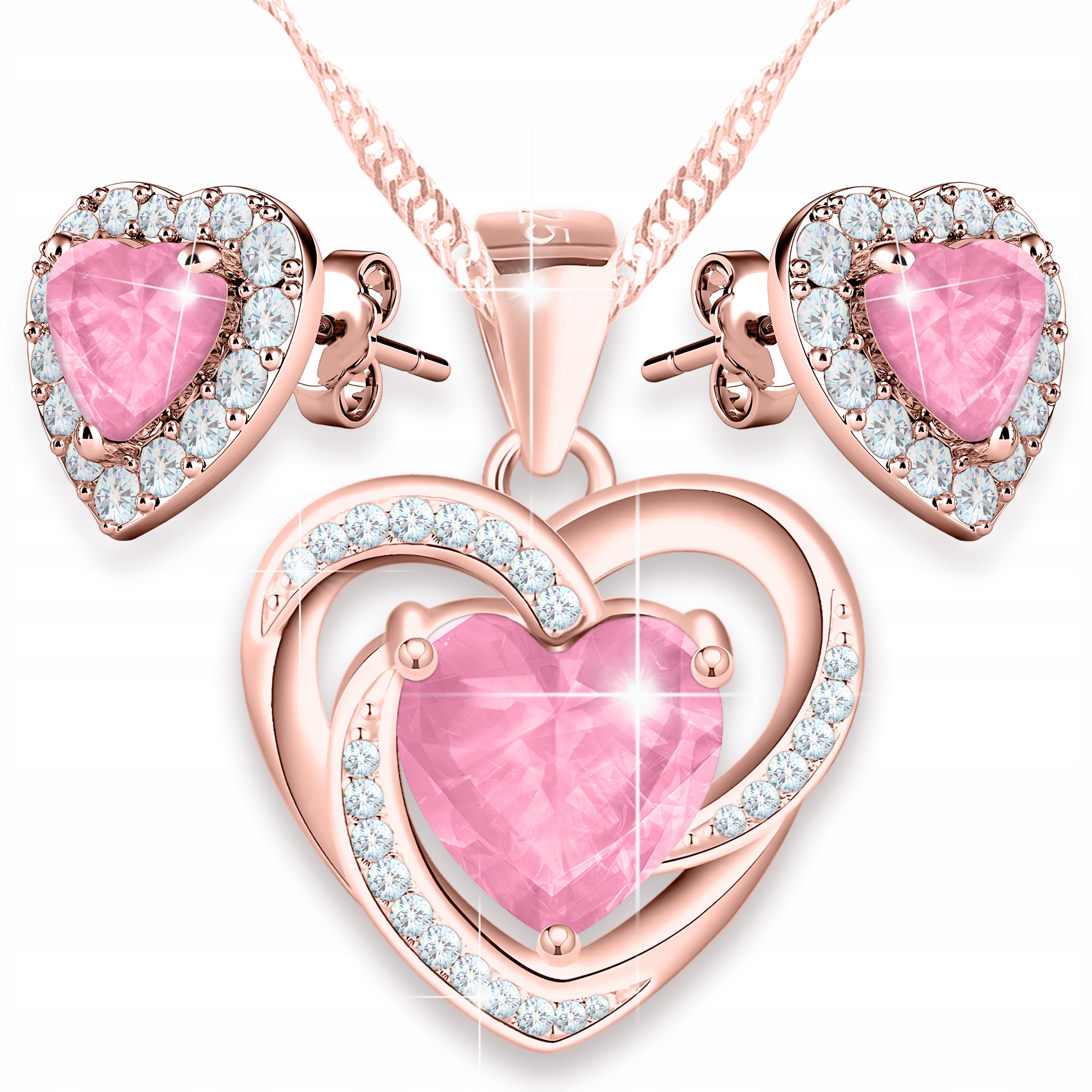 Sada pozlacených náhrdelníků a Náušnice Růžové srdce s zirkony Stříbro 925