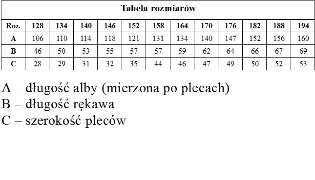 Alba liturgiczna - lektorska z golfem r.128-146 cm Płeć Uniseks