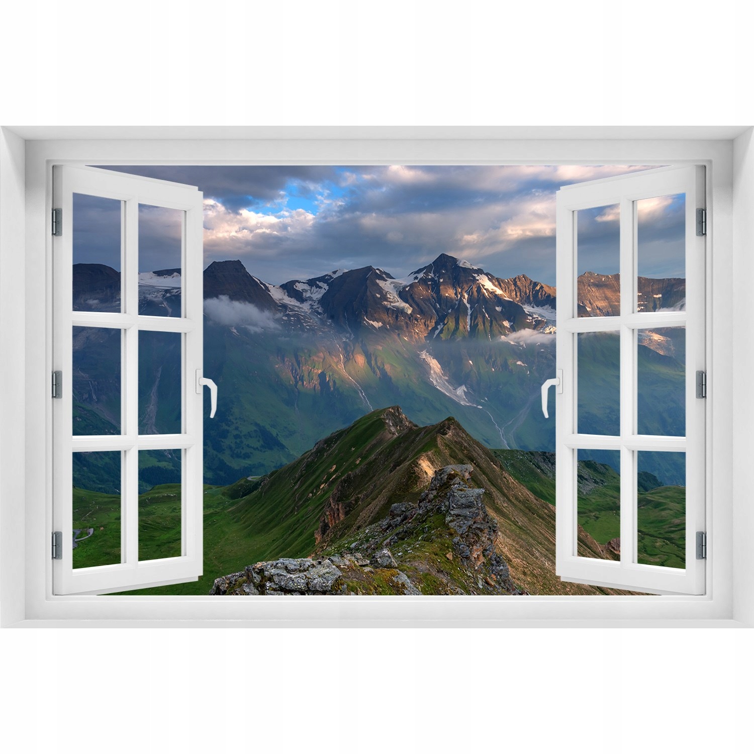 

Naklejka ścienna Fototapeta Okno Szczyty gór 90x60