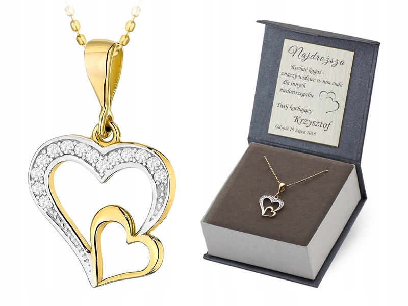 Zlatý Náhrdelník 40 cm pr. 585 Přívěsek Spojená srdce s zirkony 14k