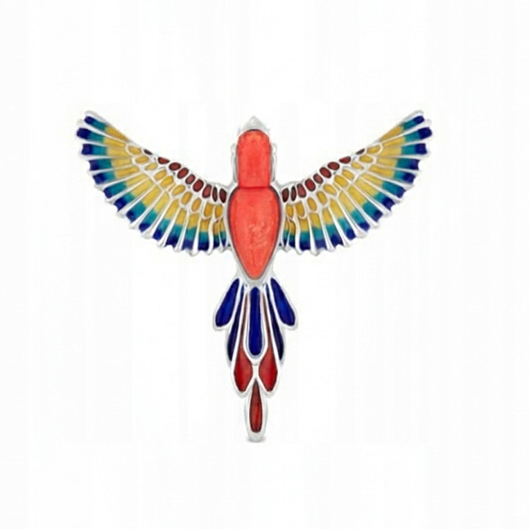 Stříbrná Brož Papoušek Barevný Pták Korál Smalt