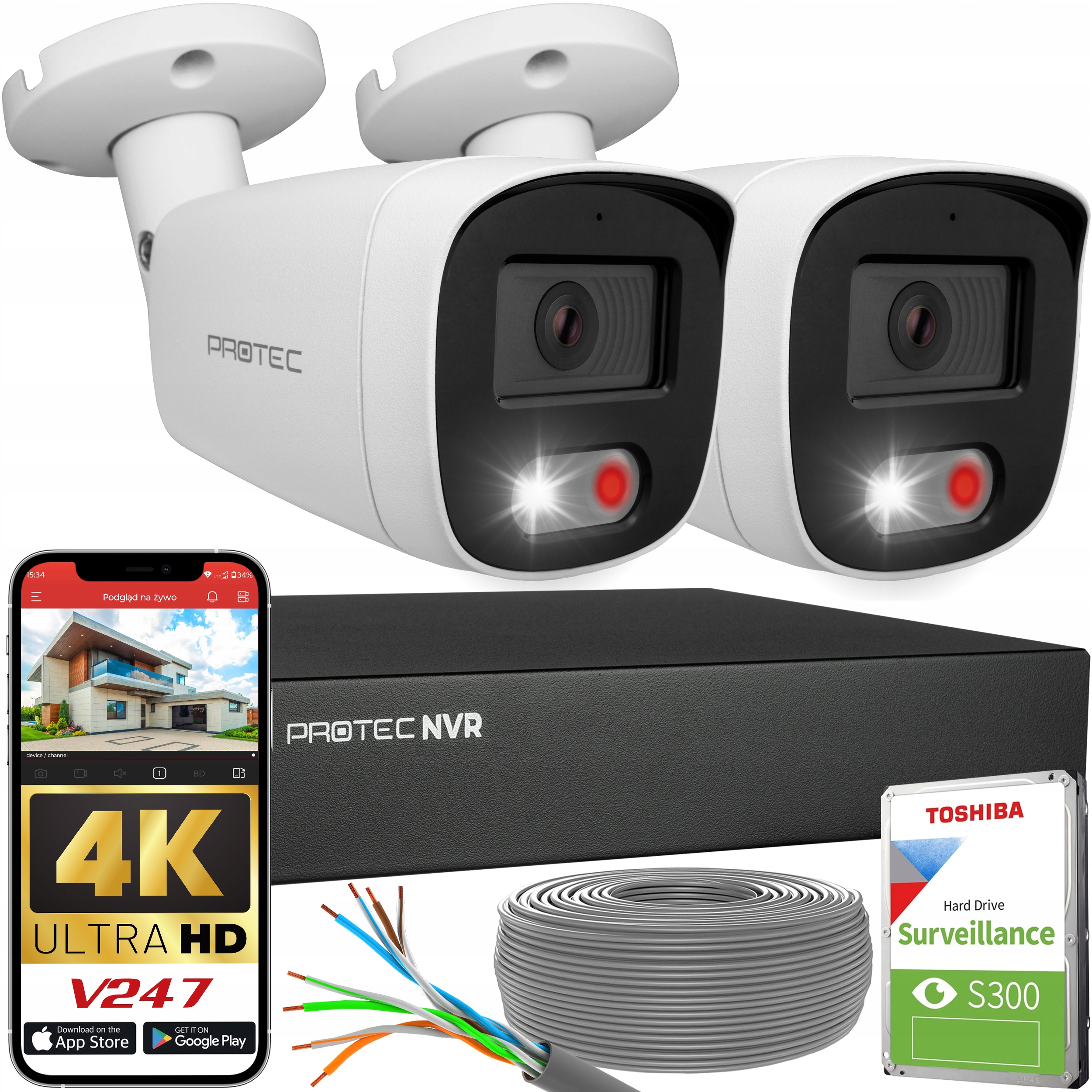 Zestaw do monitoringu 2 kamery 8Mpx 4K Ip Poe Hdd 1TB Detekcja Mikrofon