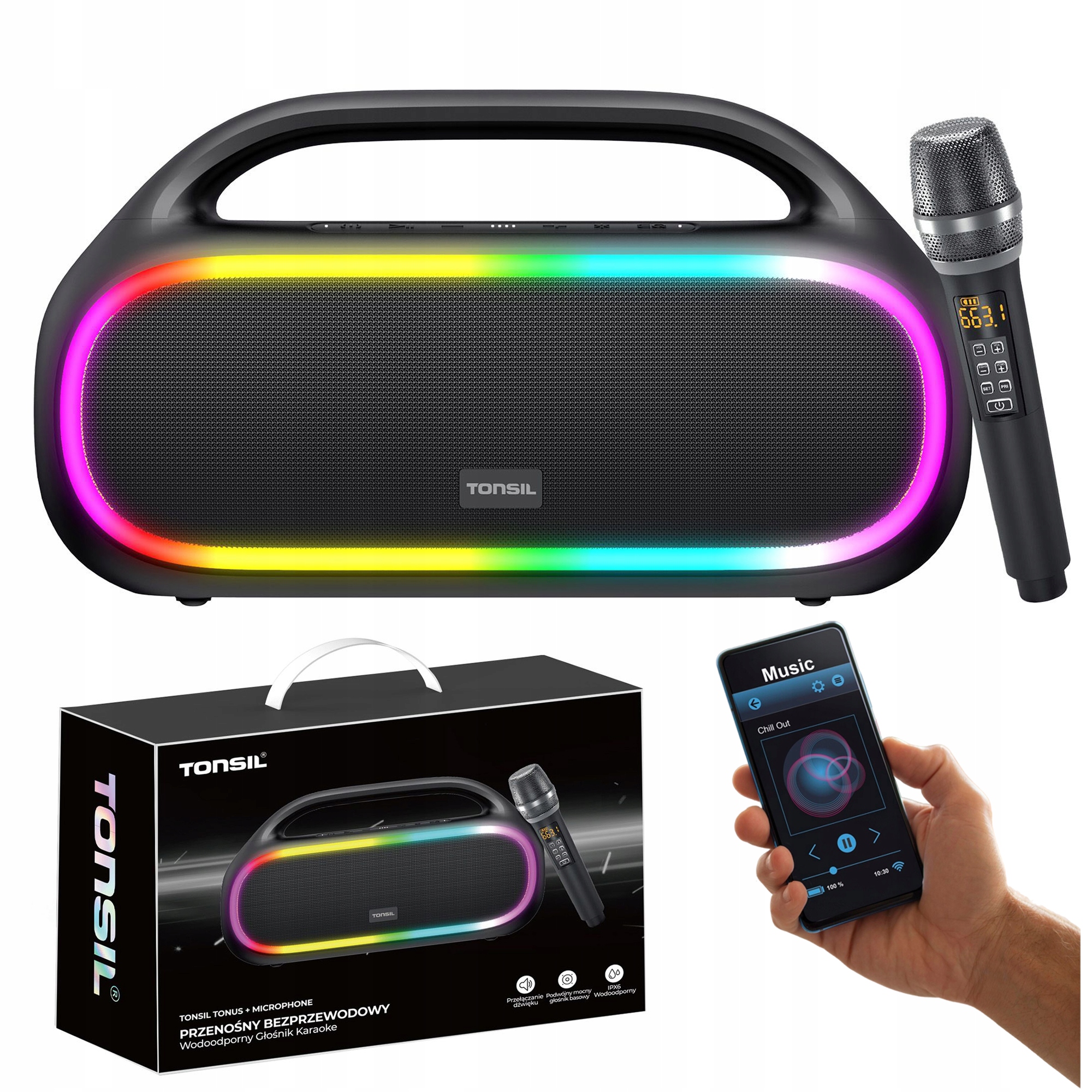 Bezdrátový přenosný reproduktor Tonsil Tonus Karaoke mikrofon Bt Usb Led