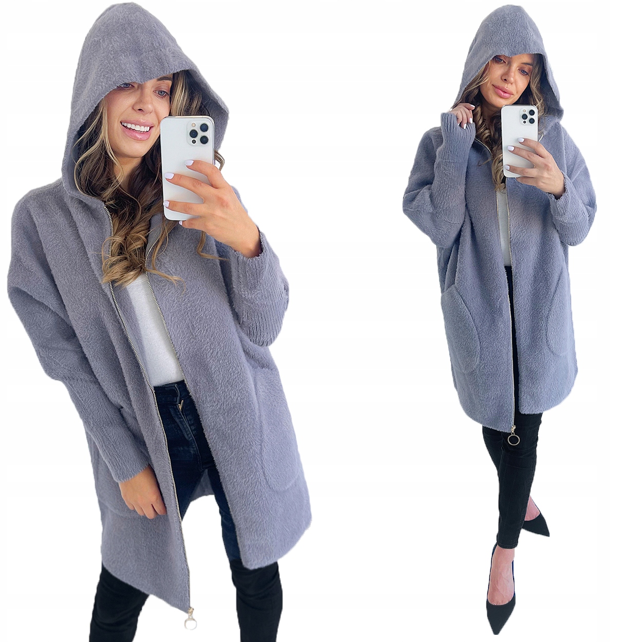 Klasický Teplý Kabát Z Alpaky Na Zip, Šedé Barvy