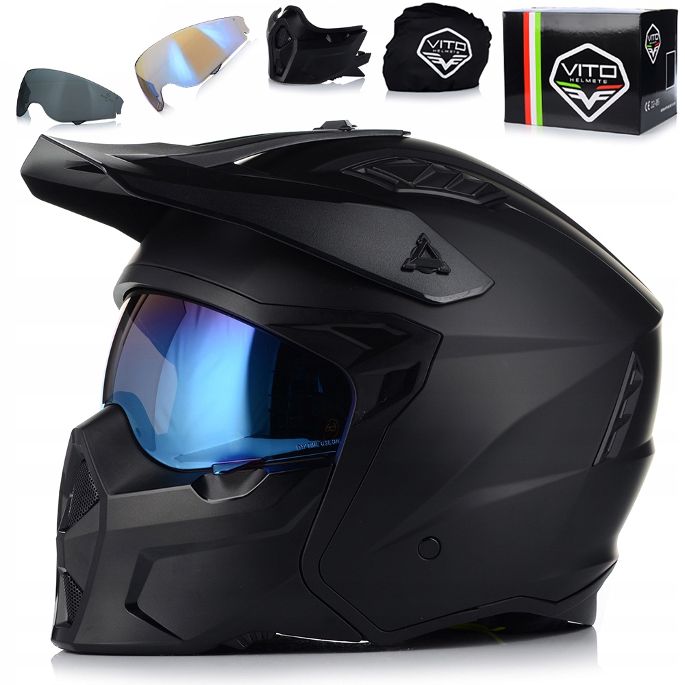 Motocyklová Prilba 4v1 Vito Predator Matt Odnímateľná Čepeľ Strieška 3x Sklo