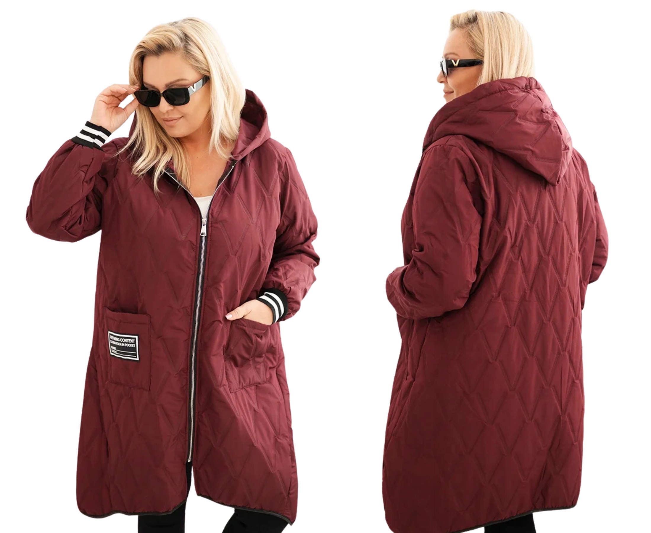 Švestková dámská prošívaná zateplená bunda Plus Size s kapucí