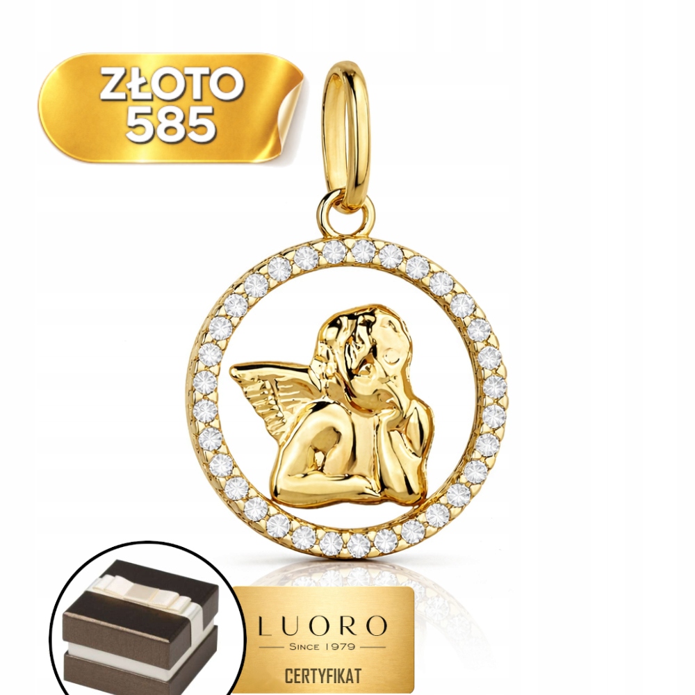 Zlatý Medailon 585 14K Andílek V Kruhu Zirkony 21 MM Elegantní Dárek