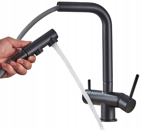 Trojcestná kuchynská batéria do filtra – výsuvná Ww výtoková batéria, čierna