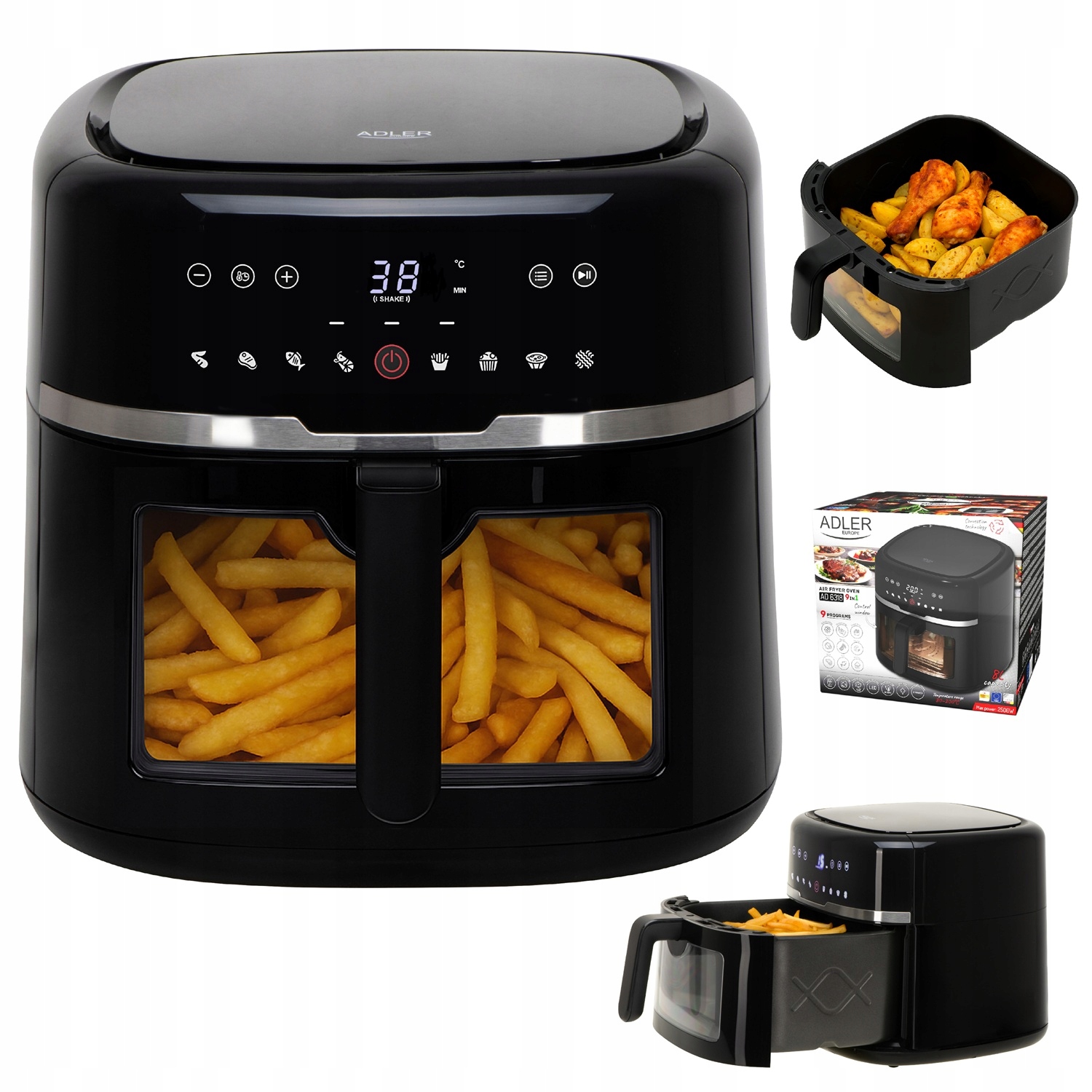Fritéza Horkovzdušná Bez Tuku Air Fryer Velká 8L XL 9 Programů 2500W Led Černá