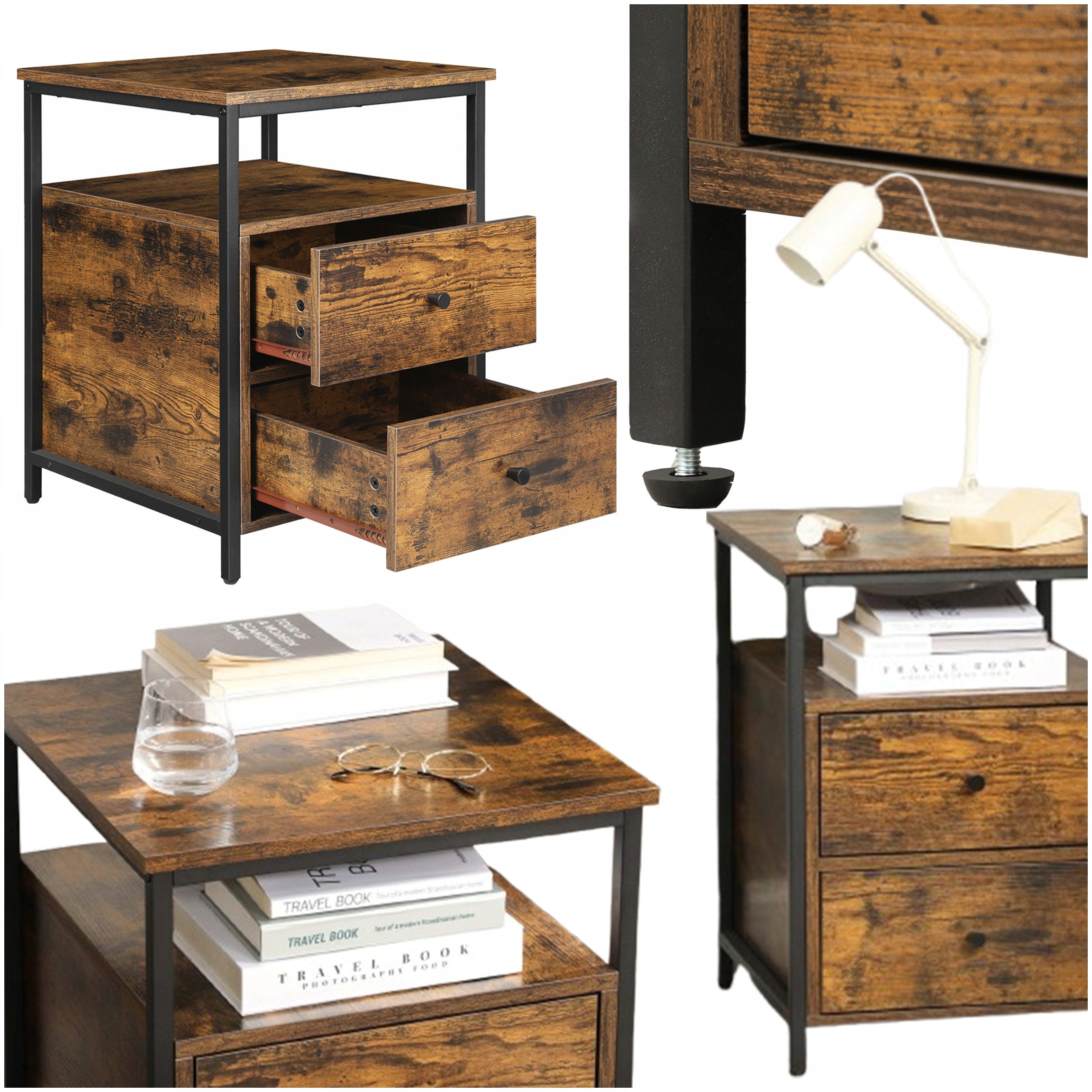 Drevený bočný pomocný stolík Nočná skrinka s 2 zásuvkami a 2 policami