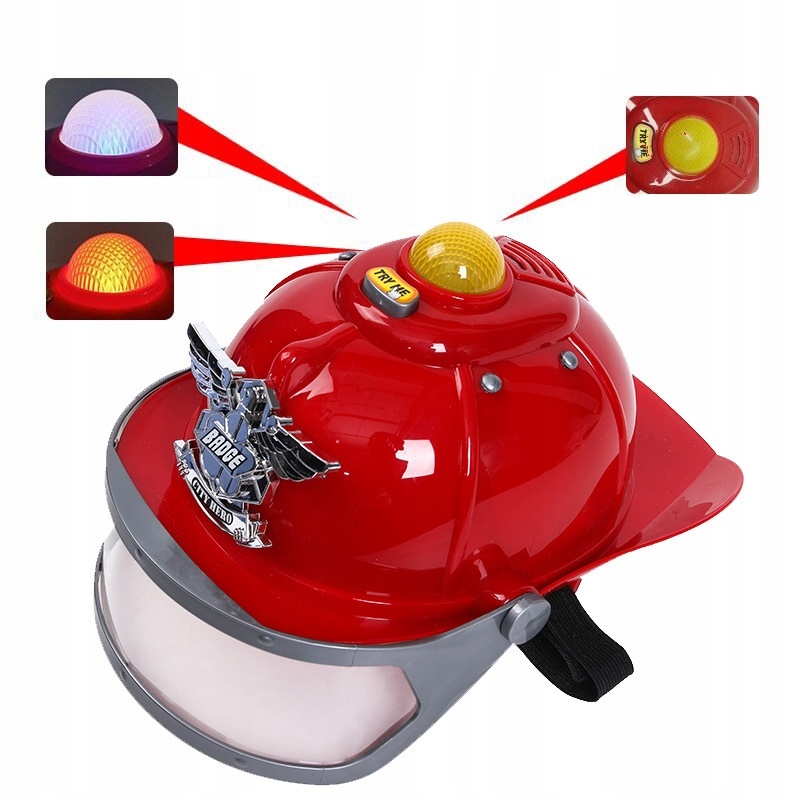 KASK STRAŻACKI Z DŹWIĘKAMI ŚWIATŁEM HEŁM STRAŻAKA DZIECI SYGNAŁ + AUTKO Stan opakowania oryginalne
