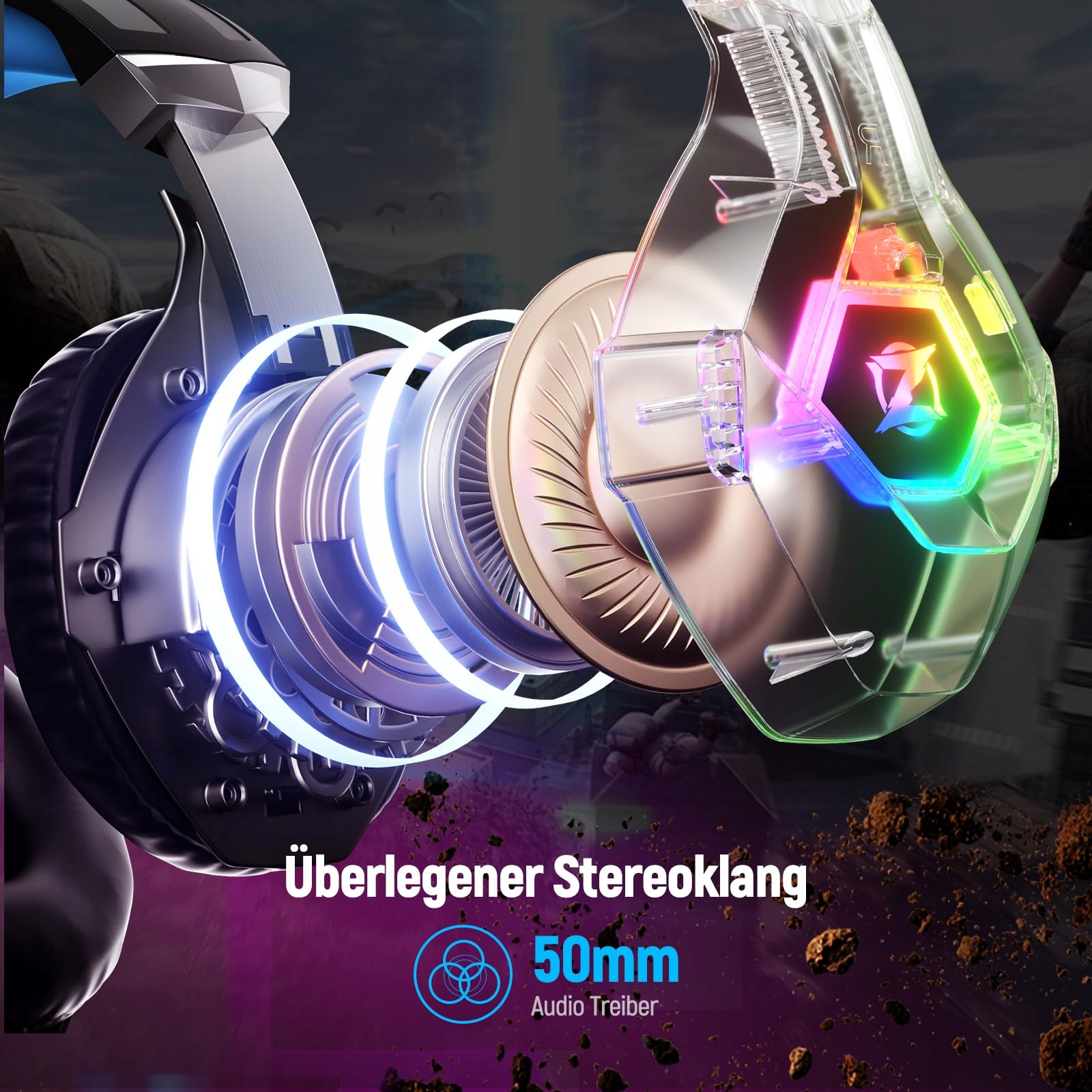 OZEINO Słuchawki Gamingowe PS4 PS5 PC z Mikrofonem 3D RGB Redukcja Szumów — miniatura 3