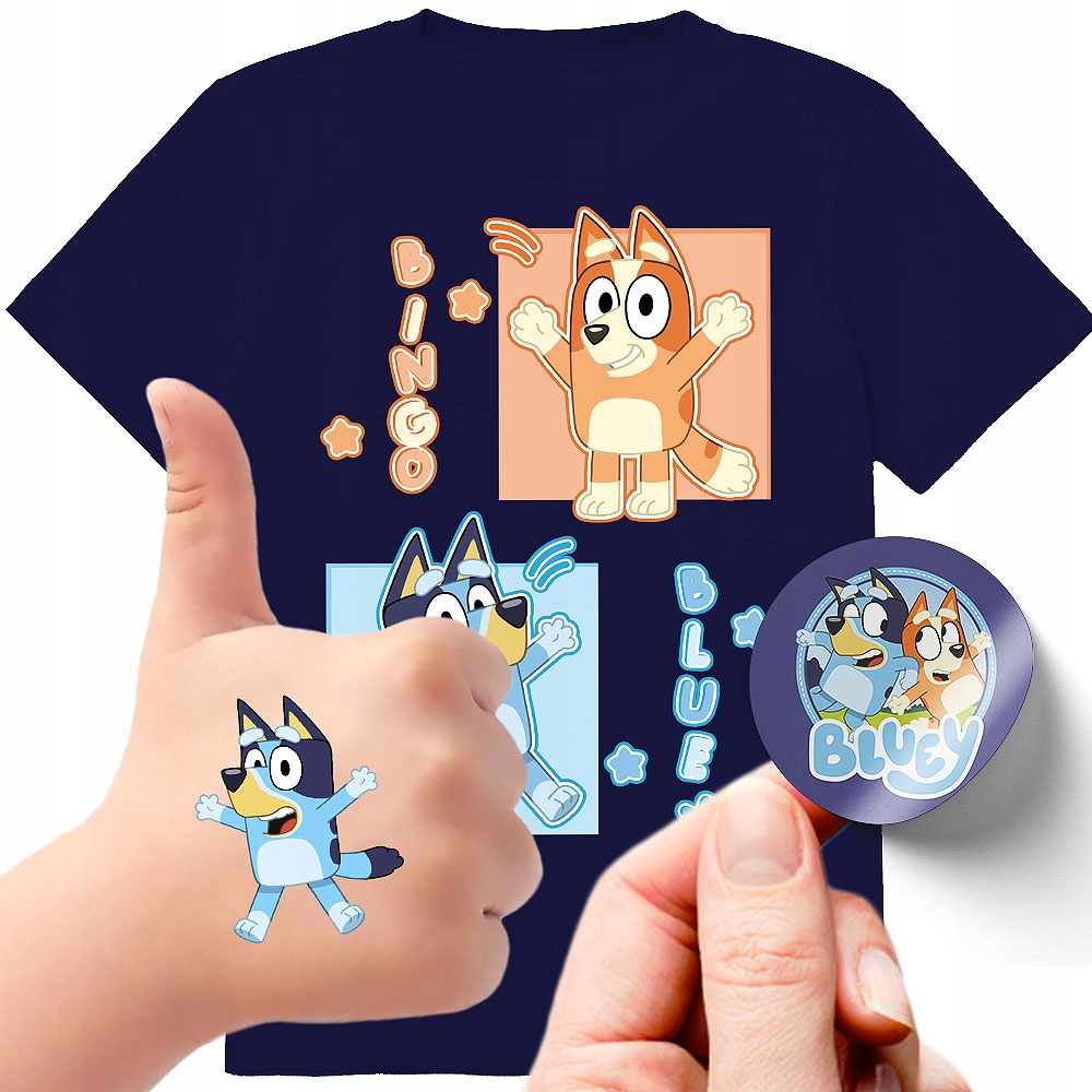 ZESTAW KOSZULKA + TATUAŻE NAKLEJKI BLUEY BLUE 140
