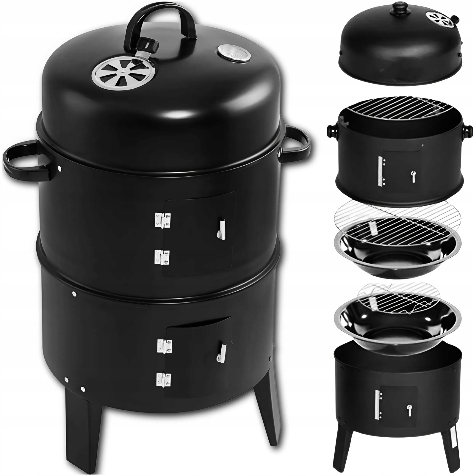 GRILL WĘDZARNIA STALOWA WĘGLOWY OGRODOWY PALENISKO WĘDZOK 3w1 TERMOMETR