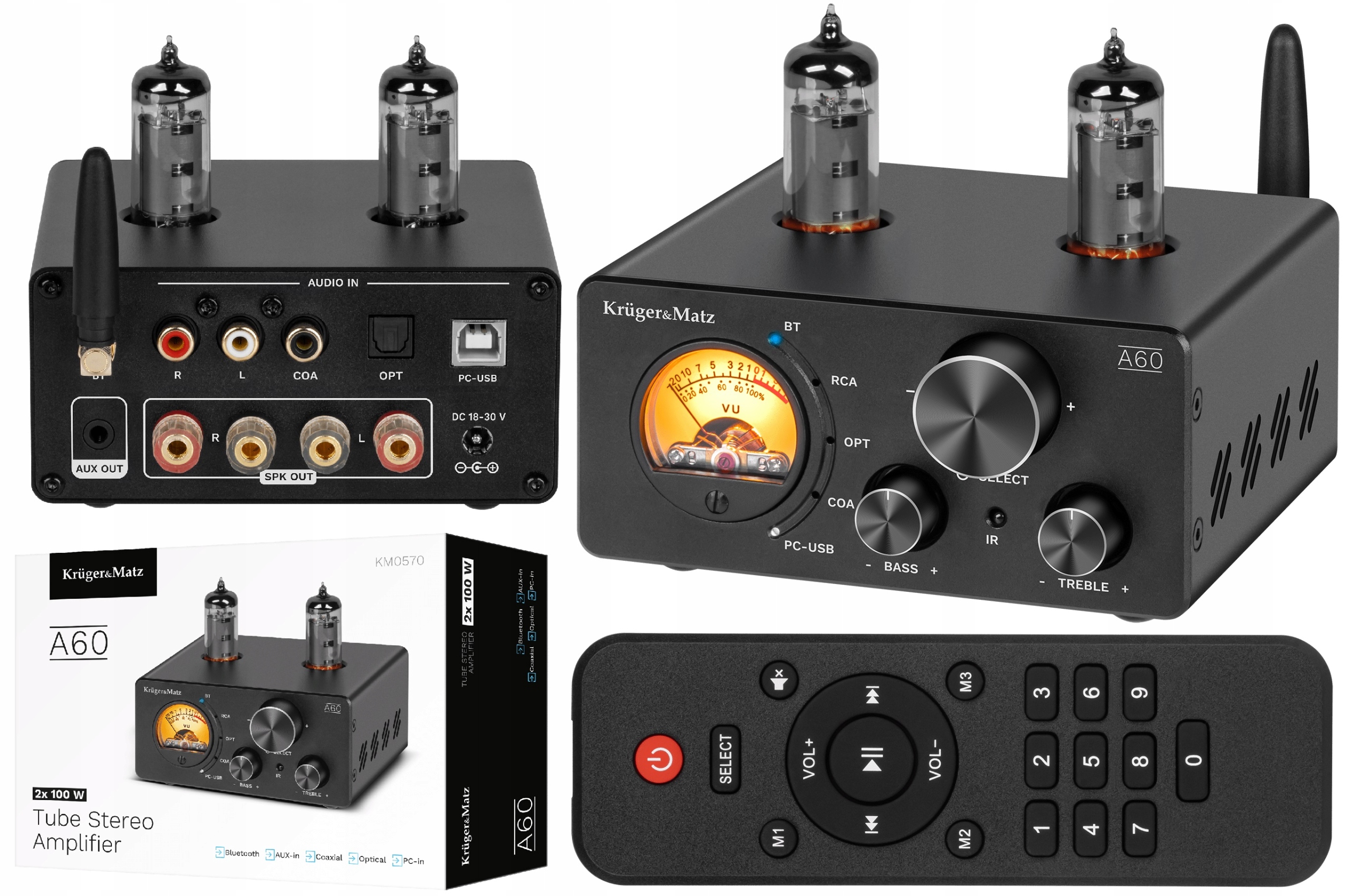 WZMACNIACZ LAMPOWY STEREO MAŁY MOCNY 2 X 100W BT 5.0 KRUGER MATZ A60