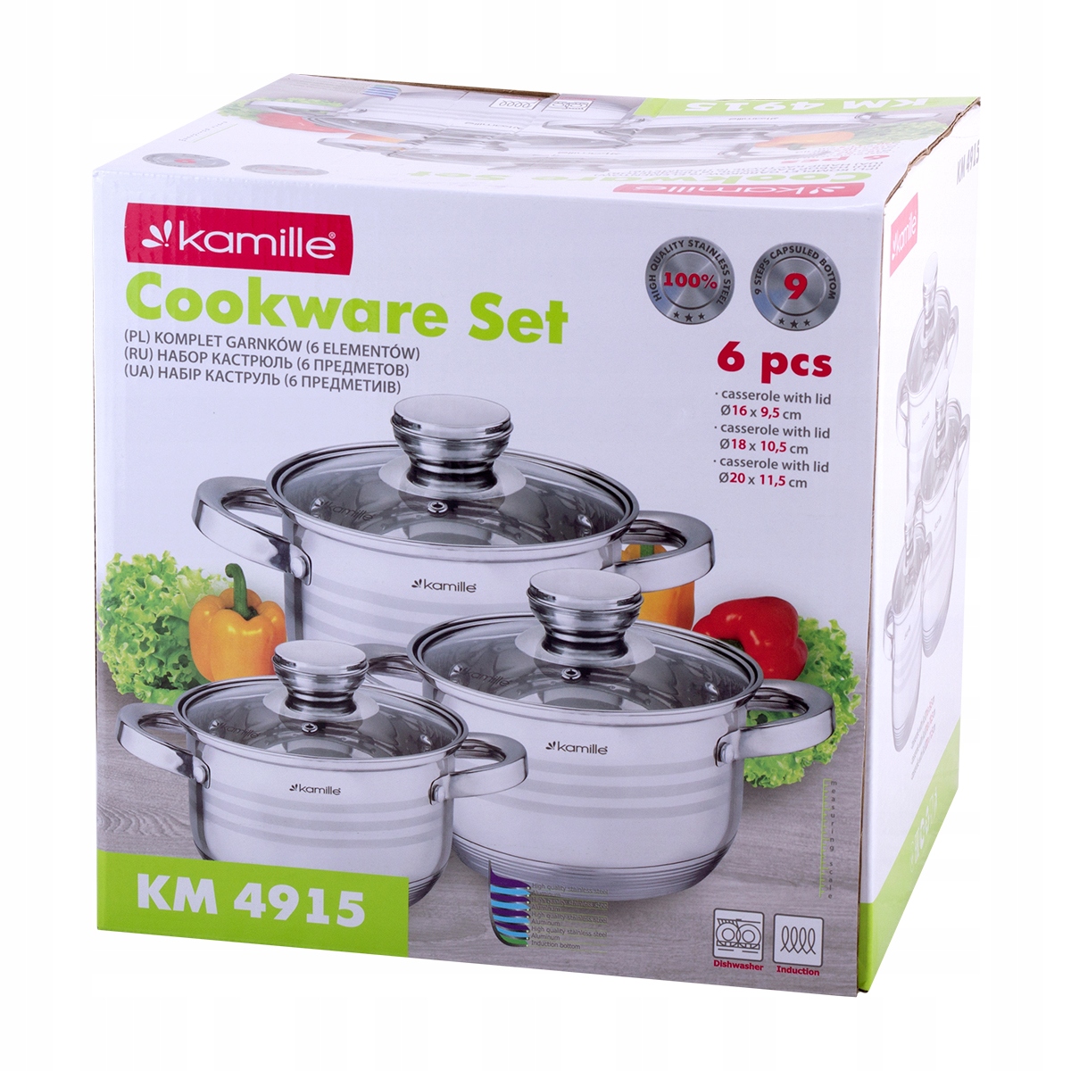 KOMPLET ZESTAW GARNKÓW Z POKRYWKĄ STAL 6 el. 1.5L, 2.0L, 3.0L Materiał stal nierdzewna