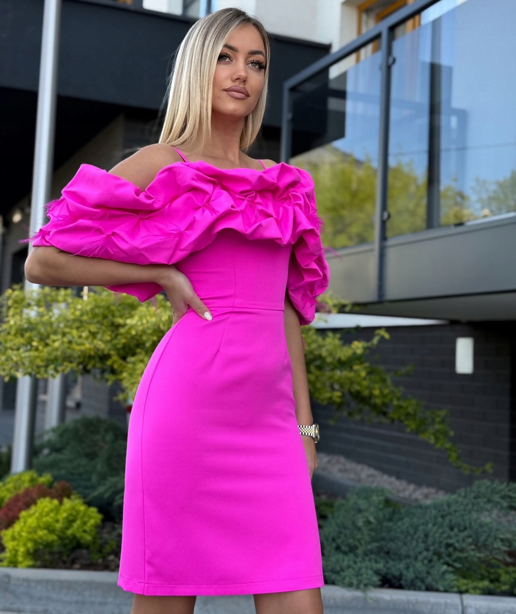 Šaty Večerní Španělka Falbany Dámská pera Růžová Xs