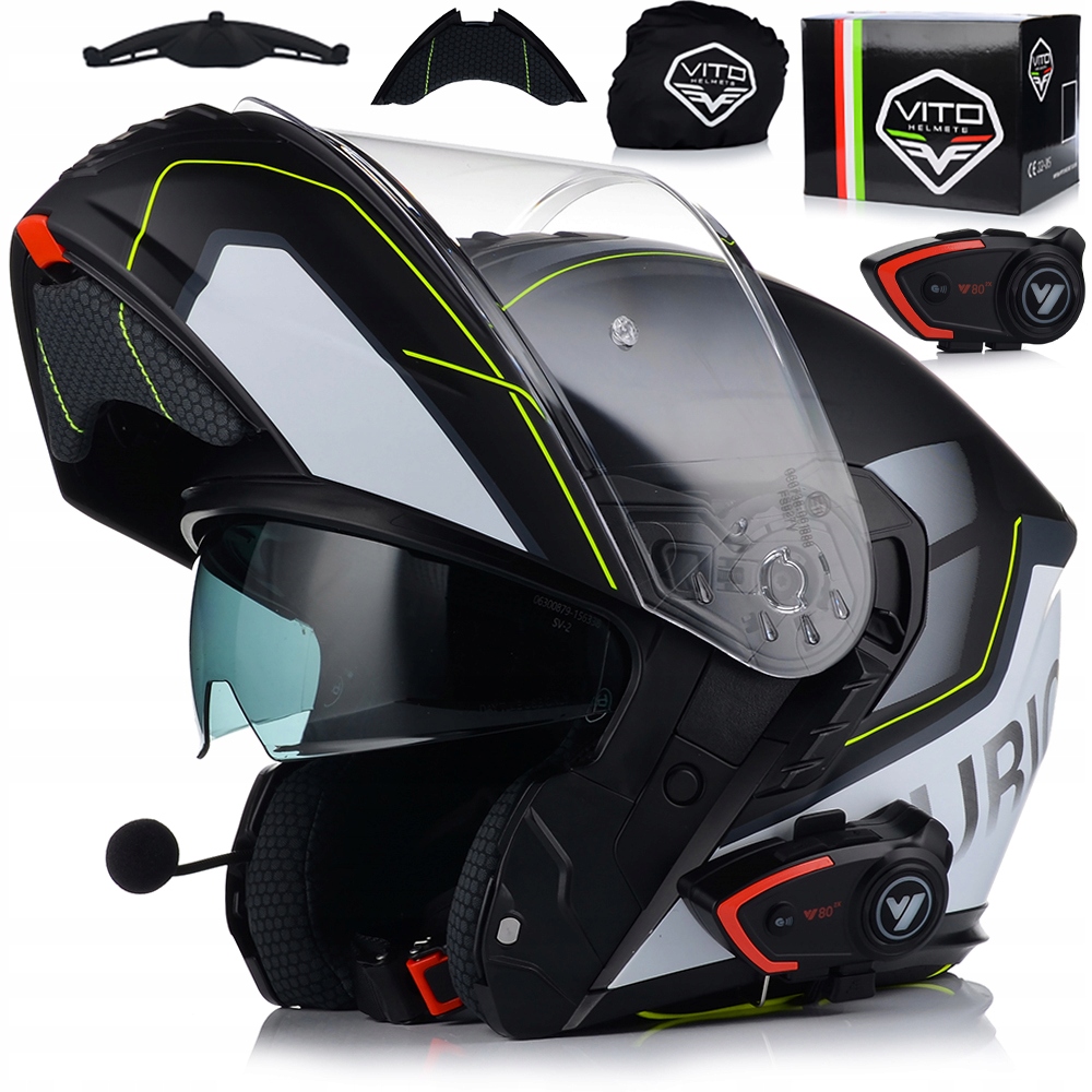 Motocyklová Prilba Vito Furio Fluo Grey S Čeľusťou Interkom Vito Bluetooth