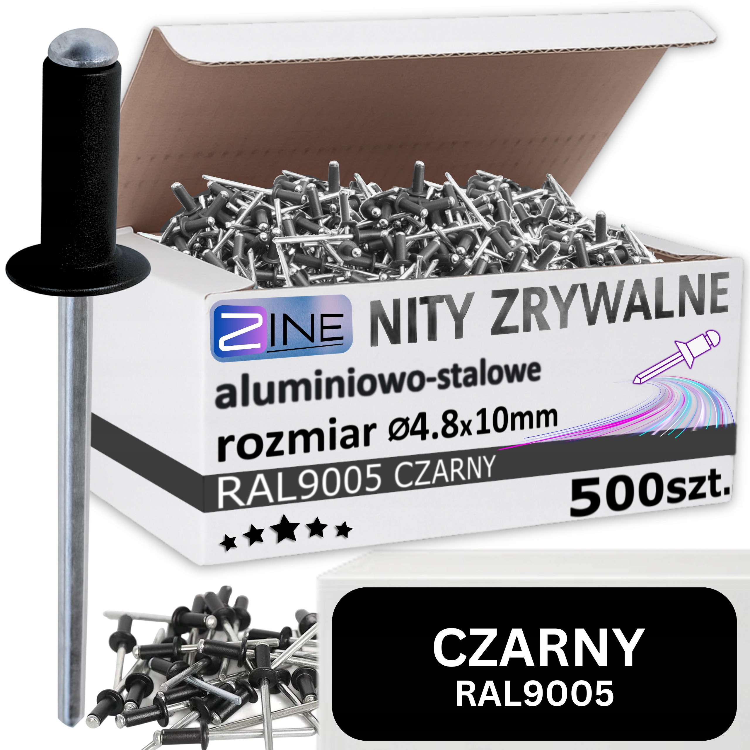 Nity Zrywalne 4.8x10mm Czarne Kolor Ral 9005 Czarny Mat Alu Zine 500 sztuk