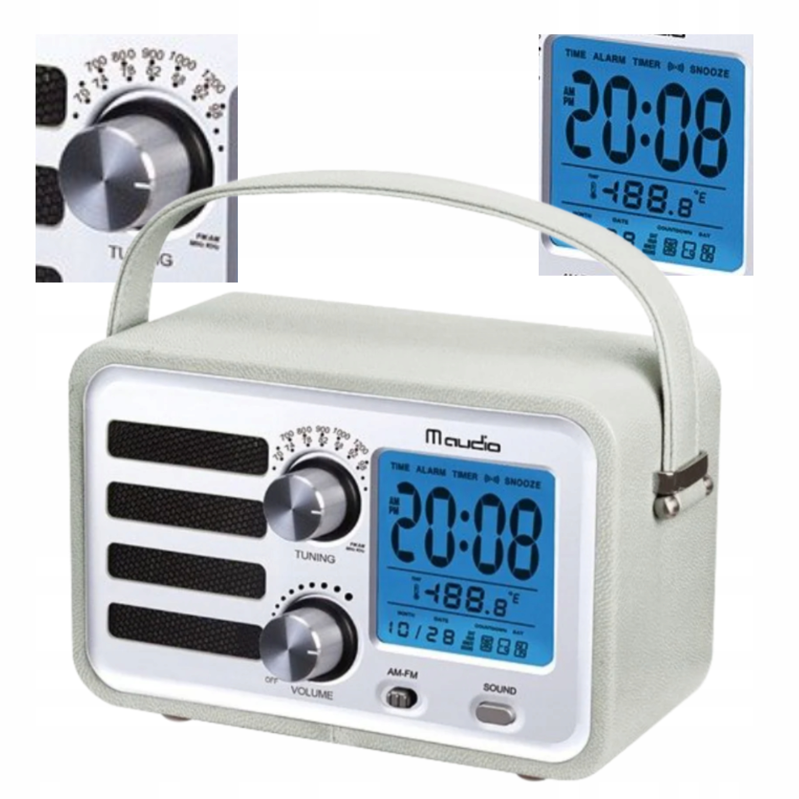 Radio Przenosne Retro Am Fm Mw Budzik Termometr Zegarek LCD Elegancja