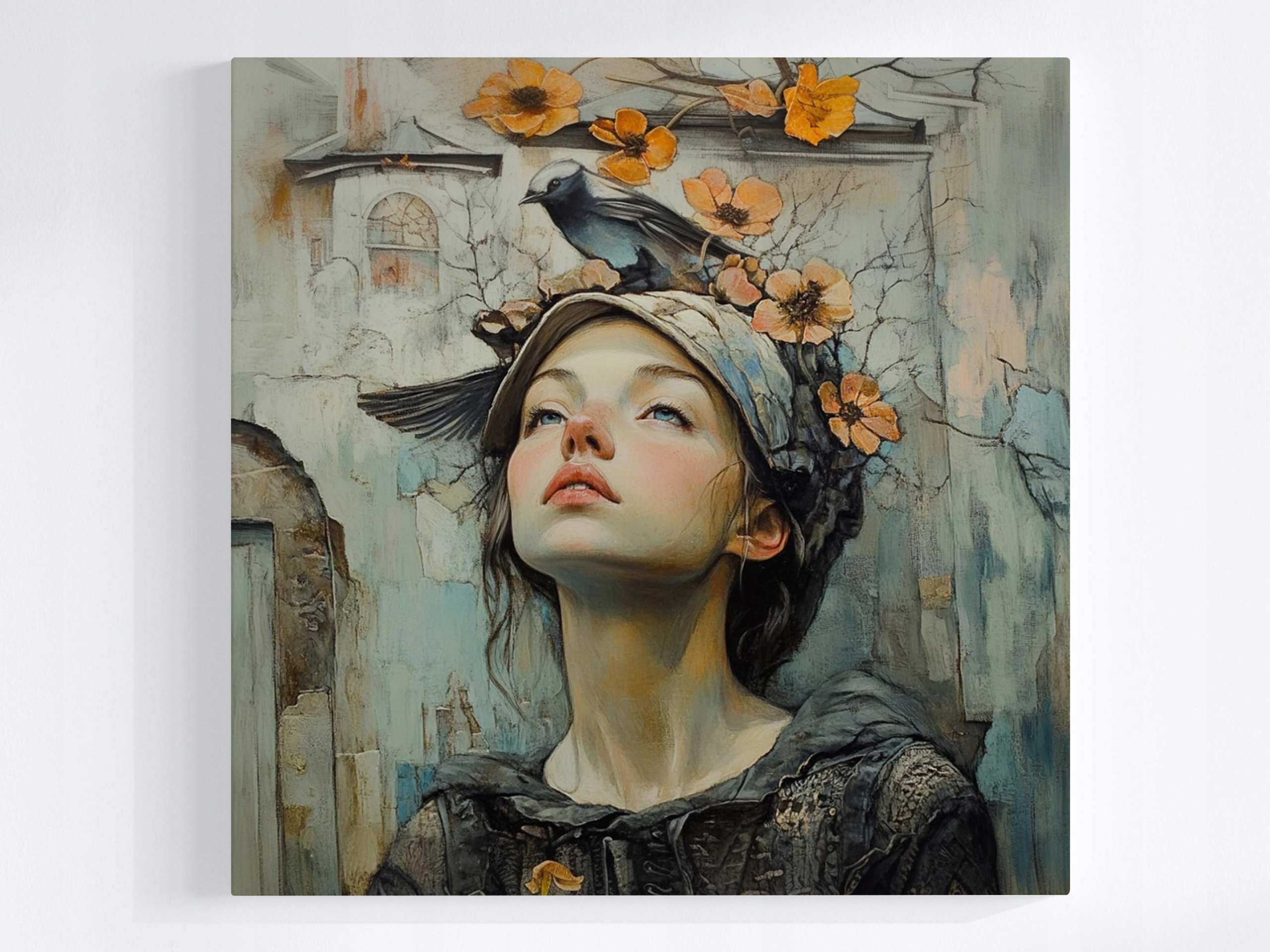 Obraz Na Plátně Canvas Portrét Žena Dívka Květina Ptáci Retro 50x50