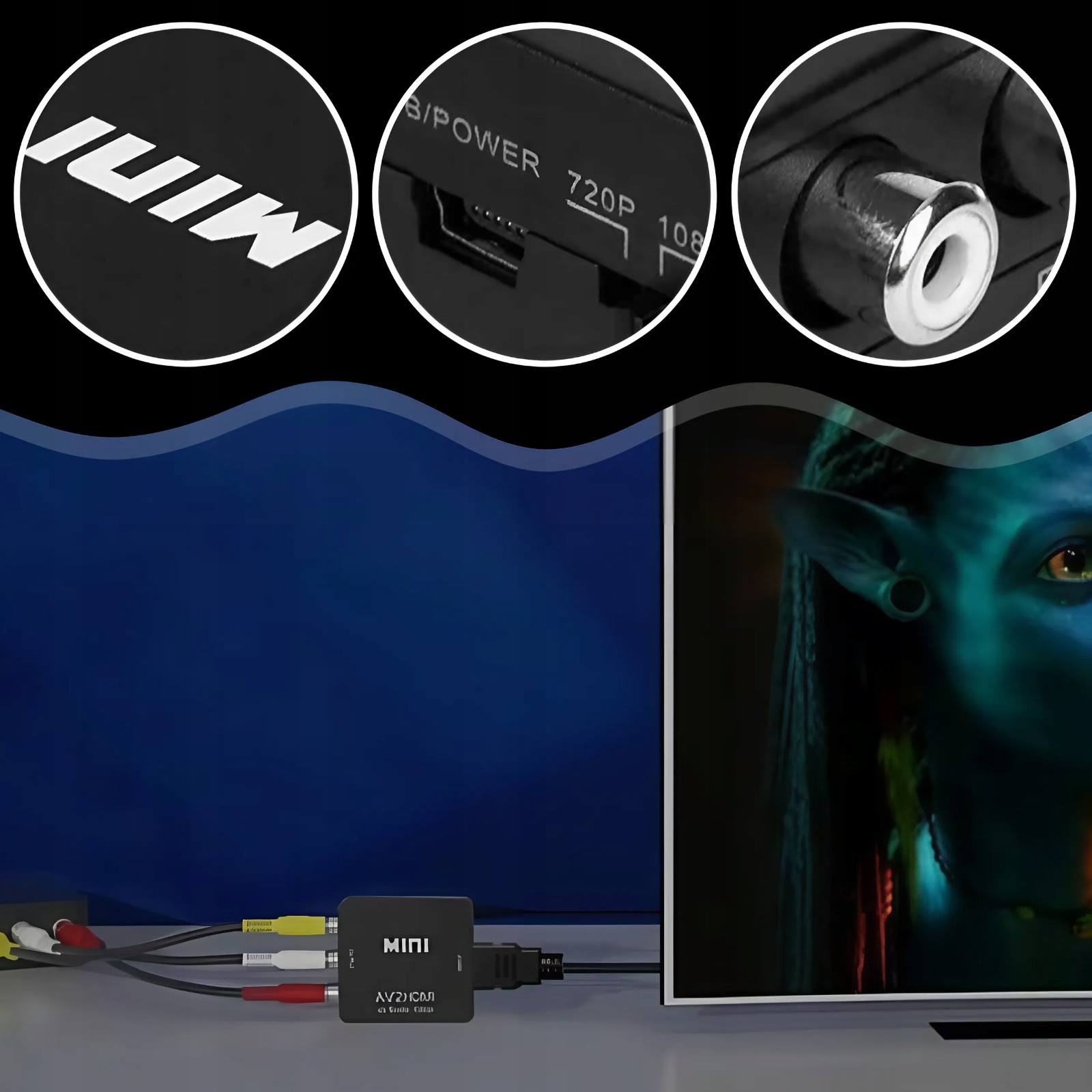 KONWERTER SYGNAŁU ADAPTER AV CHINCH RCA DO HDMI FULL HD 1080P+ PRZEWÓD USB Model adapter AV RCA do HDMI AV2HDMI 1080p