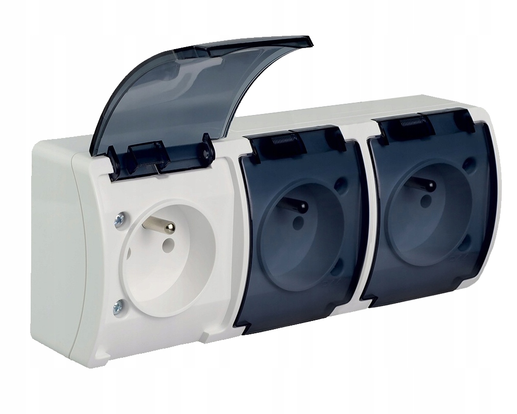 GNIAZDKO POTRÓJNE HERMETYCZNE NATYNKOWE Z KLAPKĄ BRYZGOSZCZELNE DYMNE IP54