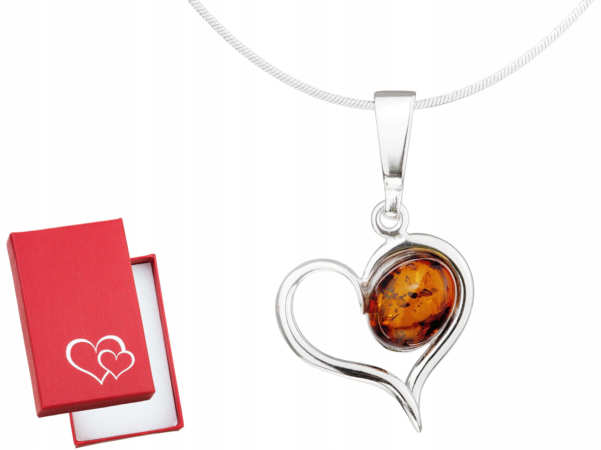 Dlouhý stříbrný dámský asymetrický náhrdelník Srdce s jantarem Stříbro 80 cm