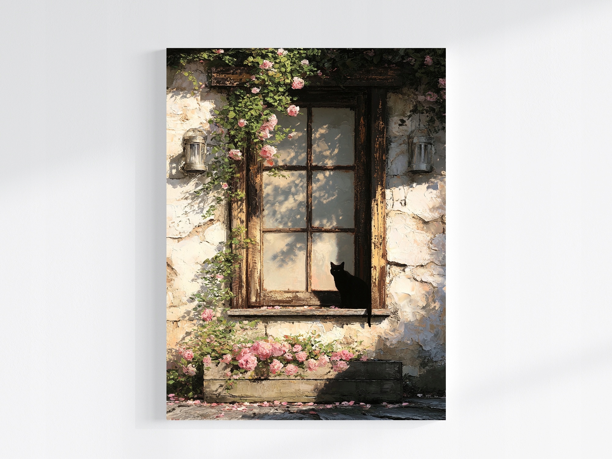 Obraz Na Plátně Canvas Dům Stěna Okno Černá Kočka Růžové Květy 75x100