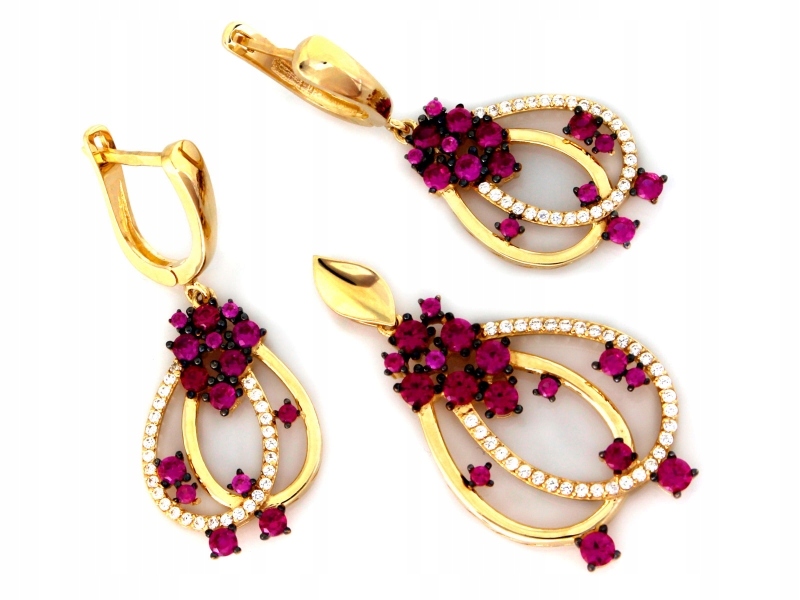 Zlatý komplet 585 s růžovými zirkony, váha 12,48 g Náušnice a přívěsek