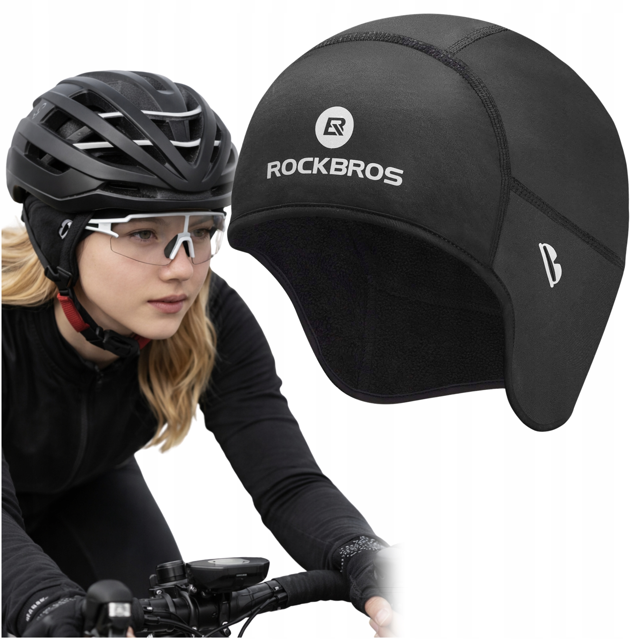 Czapka Pod Kask Rockbros Otwory Na Okulary Czarna Wiatroszczelna Unisex