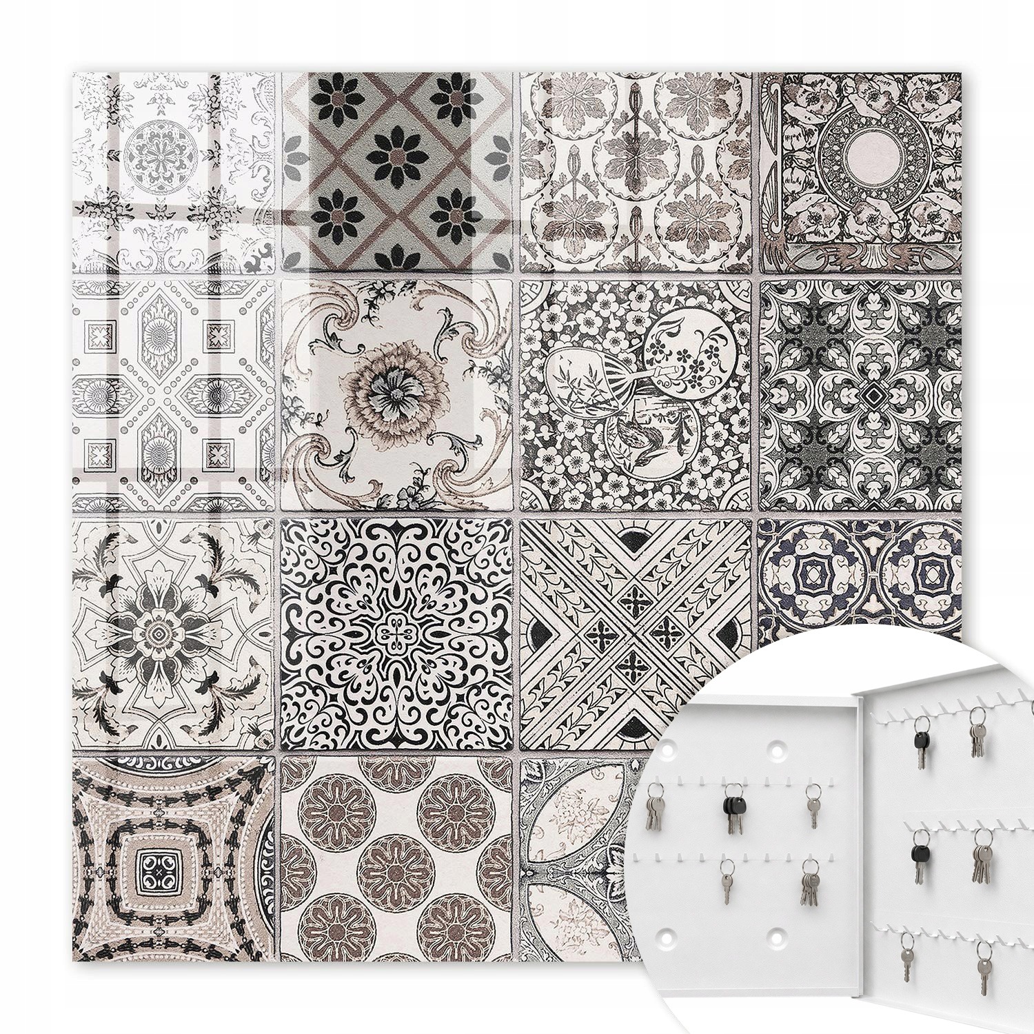Skříňka na klíče na zeď Ozdobná Stylové dlaždice Bílá pravá 30x30 cm