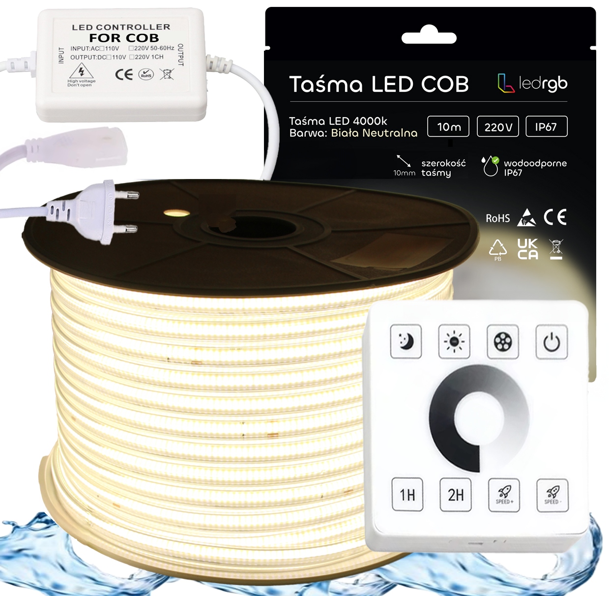 Set Led pásek Cob 230V 10m 4000K Bílý Neutrální Napájecí Zdroj Dálkový Ovladač Ster Rf