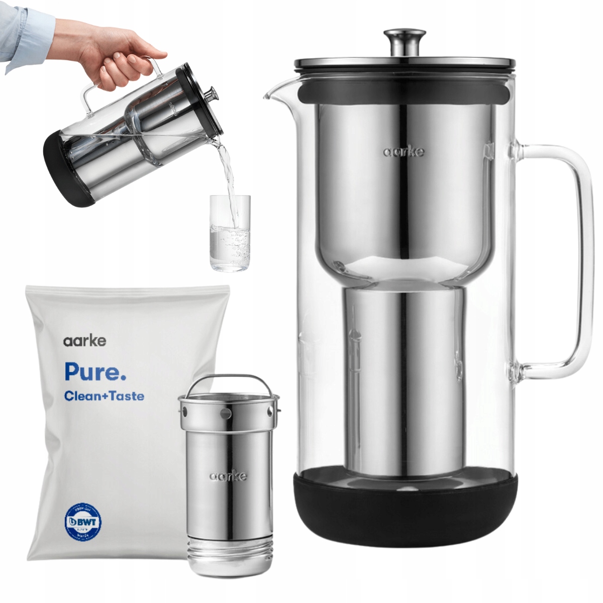 Duży szklany dzbanek na wodę Aarke z filtrem wody Bwt 2,36 litra