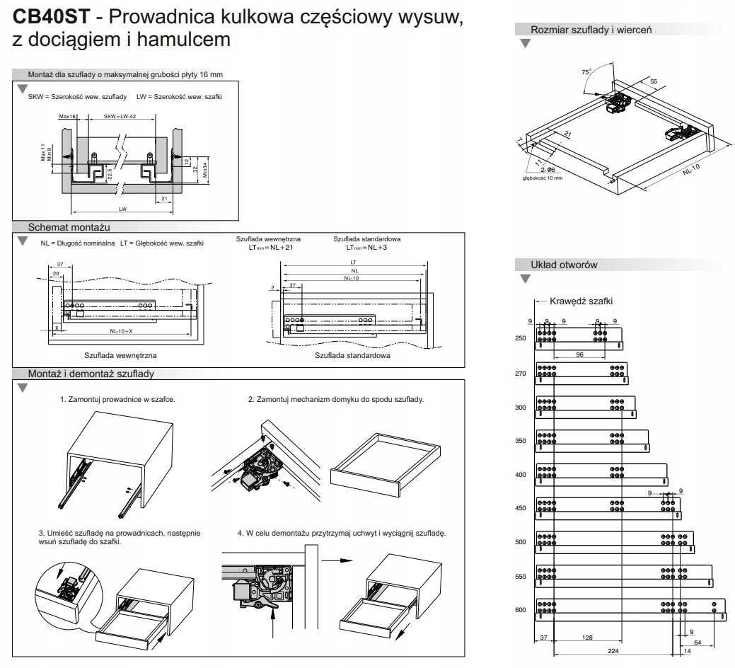 PROWADNICA CZĘŚCIOWY WYSUW Z DOCIĄGIEM HAMULCEM 450MM AMIX CB40ST-450 Długość 450 mm