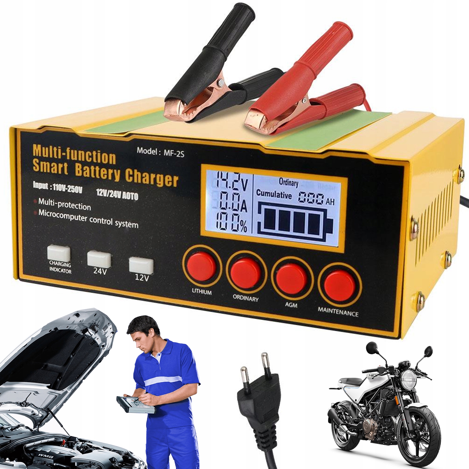 Prostownik 12V 24V 12A Z Naprawą Impulsową 9 Etapów Żółty